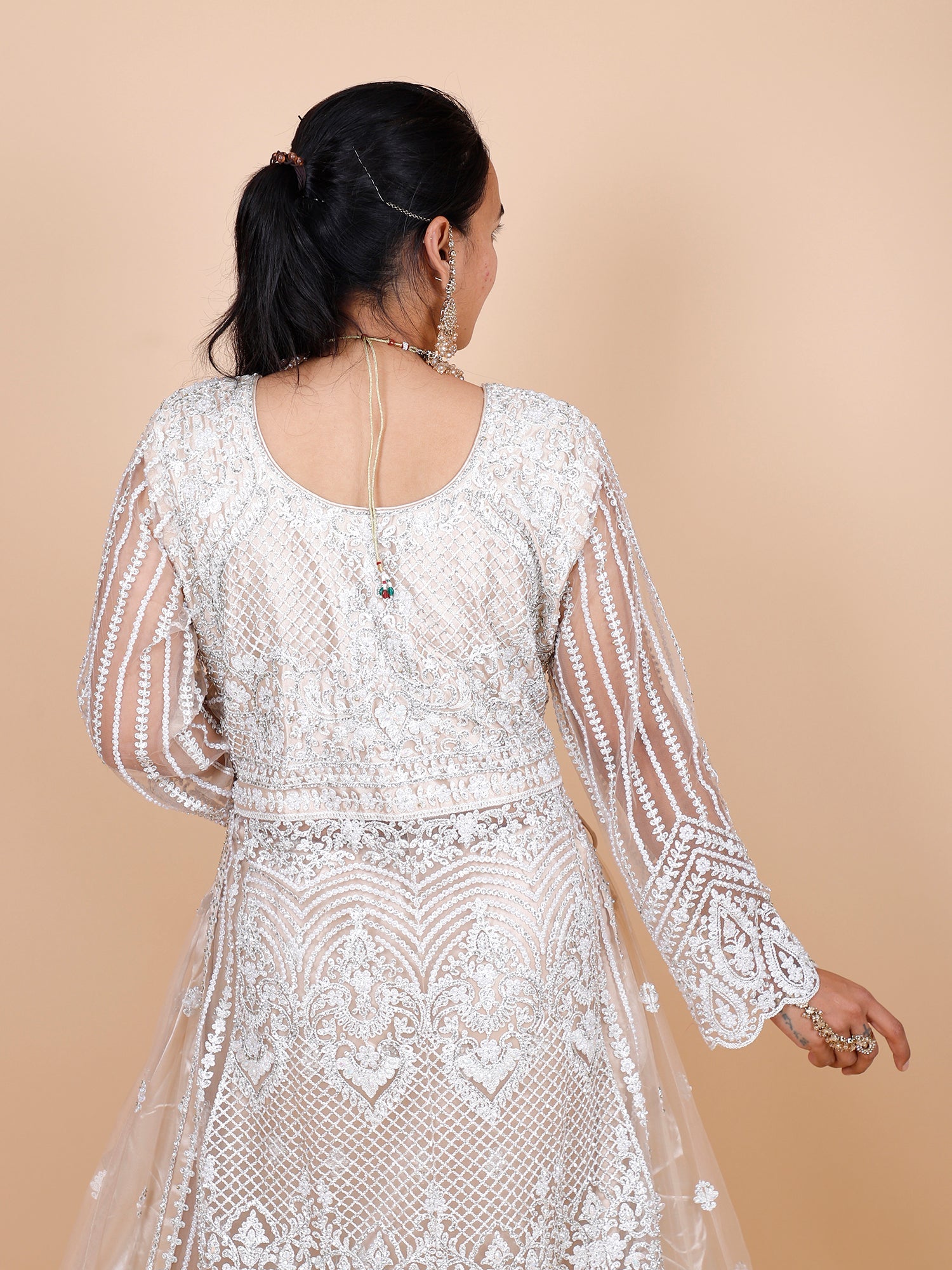 Off-White Net Gown with Heavy Thread