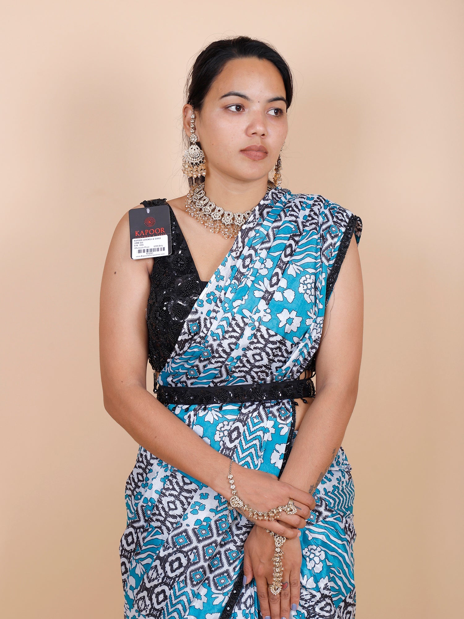 Black & Rama Blue Chinon Draped Saree with Digital Print