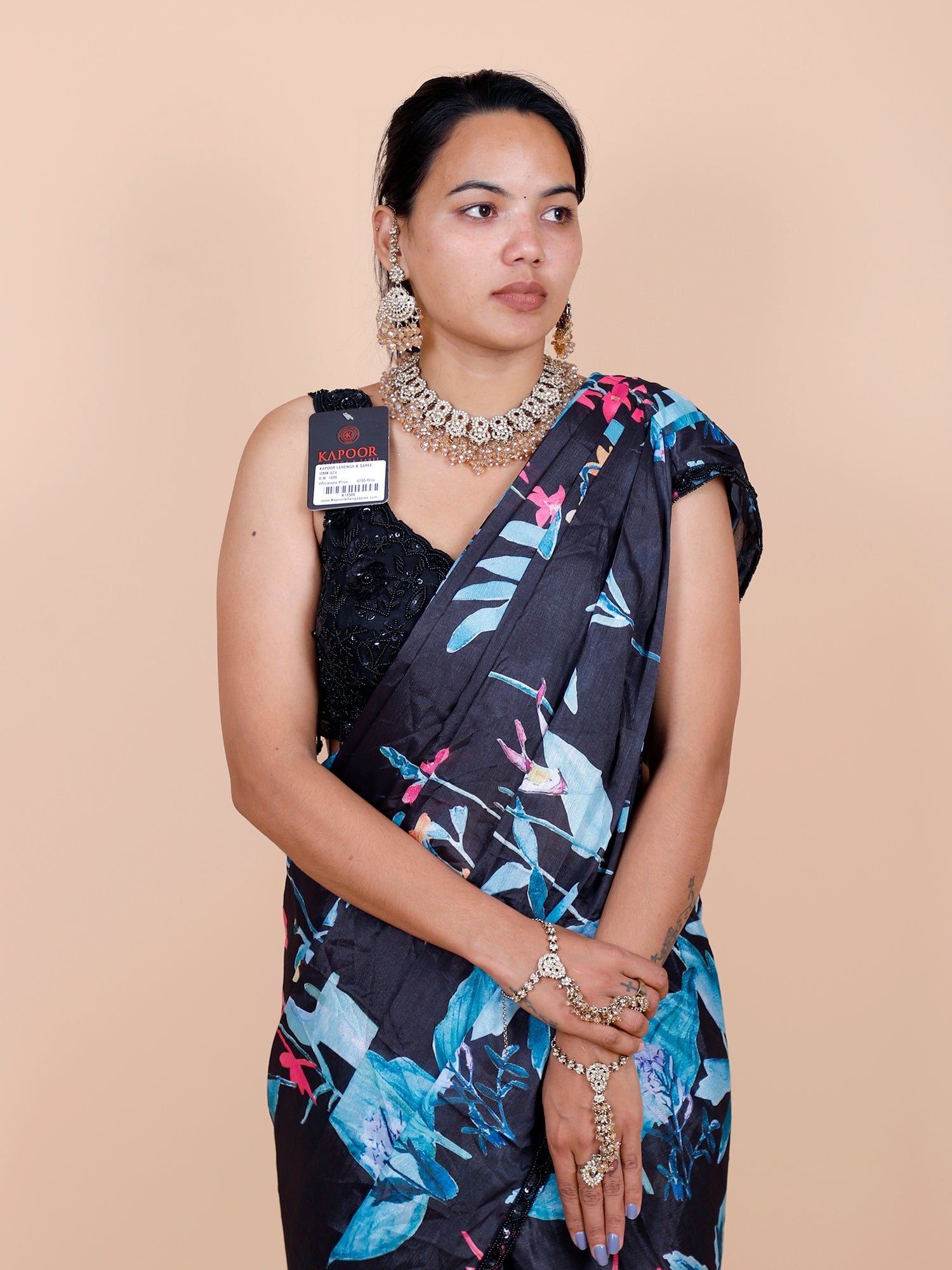 Black & Multi Chinon Draped Saree
