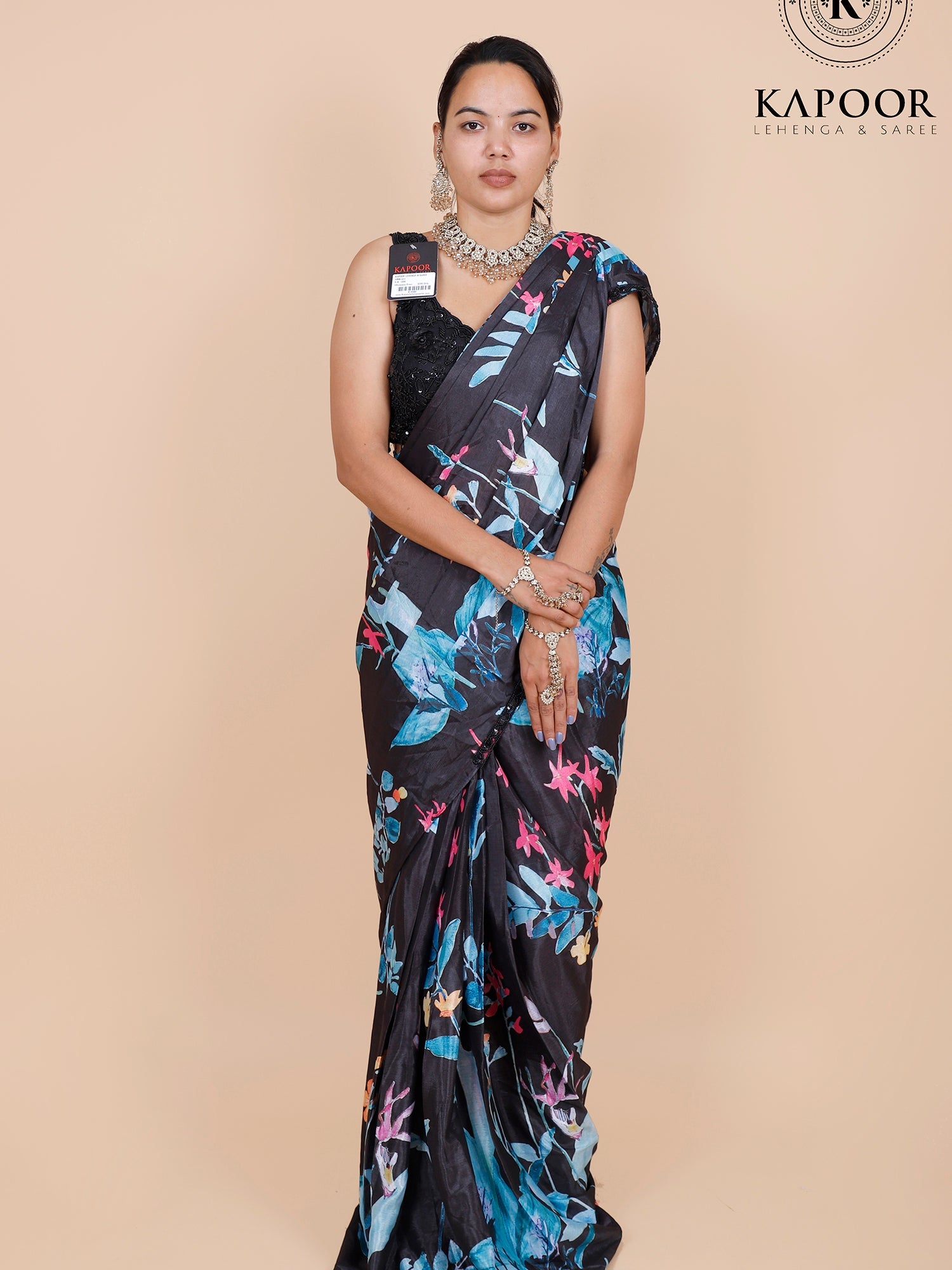 Black & Multi Chinon Draped Saree