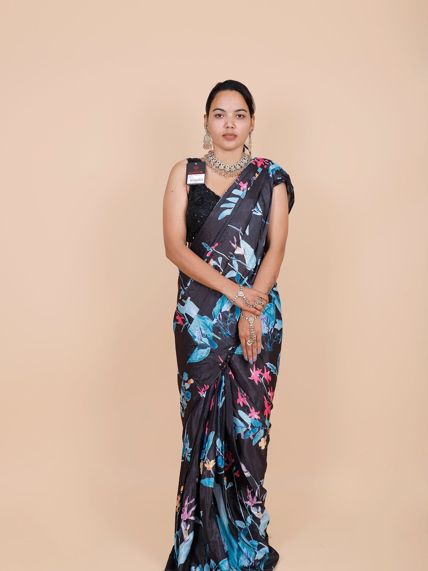 Black & Multi Chinon Draped Saree