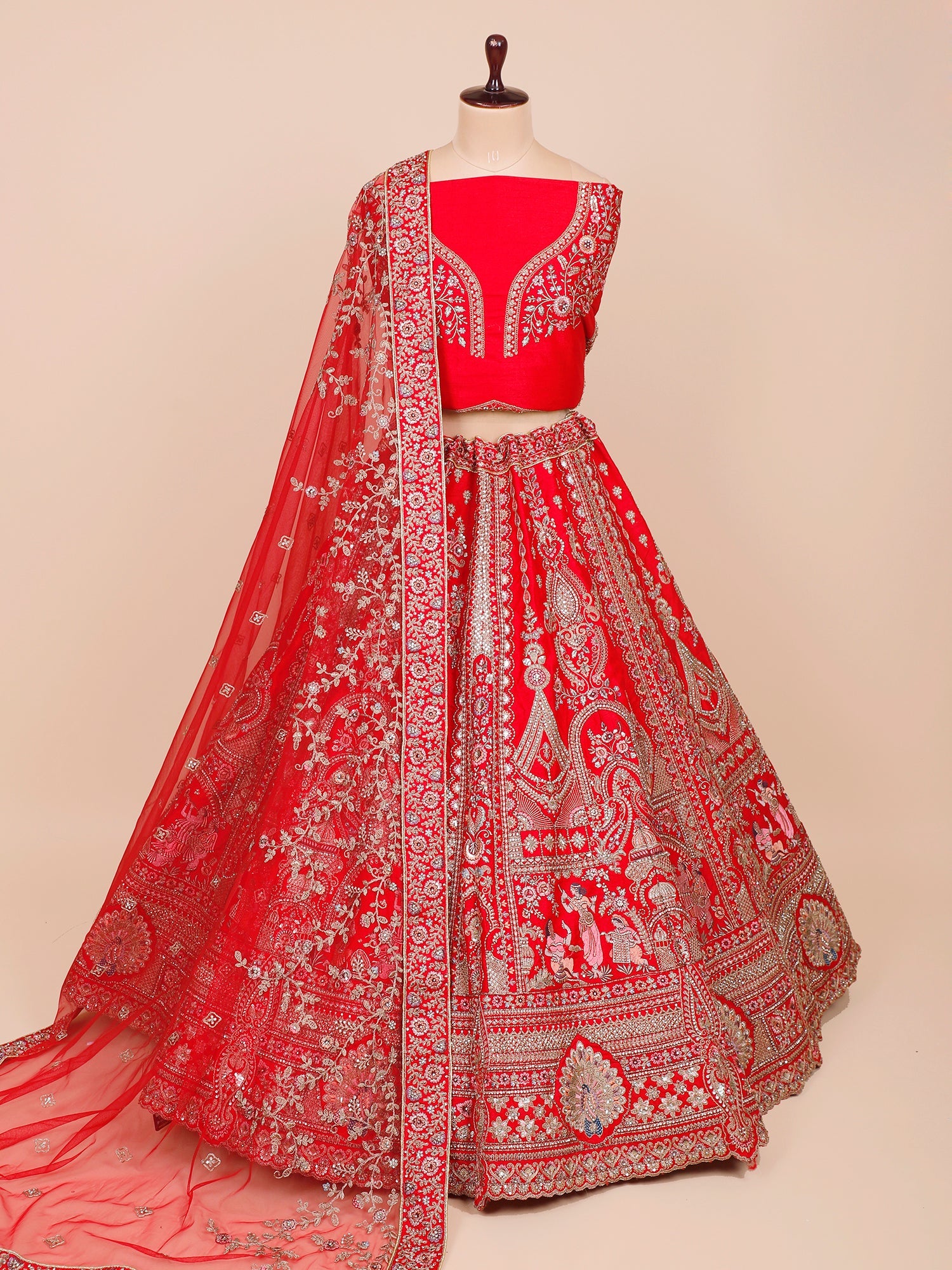 Red Silk Bridal Lehenga with Sequins, Thread