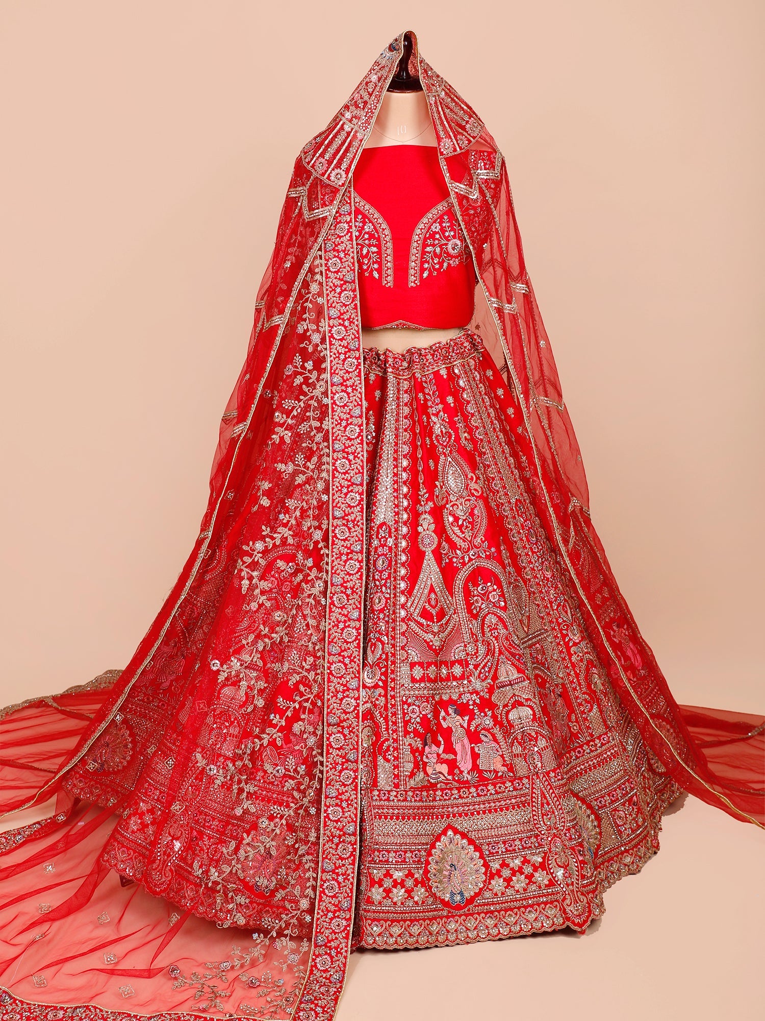 Red Silk Bridal Lehenga with Sequins, Thread