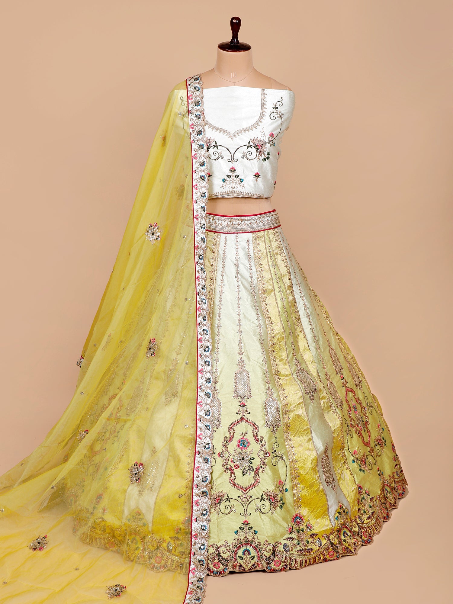 White-Yellow Silk Lehenga with Multi-Color Thread