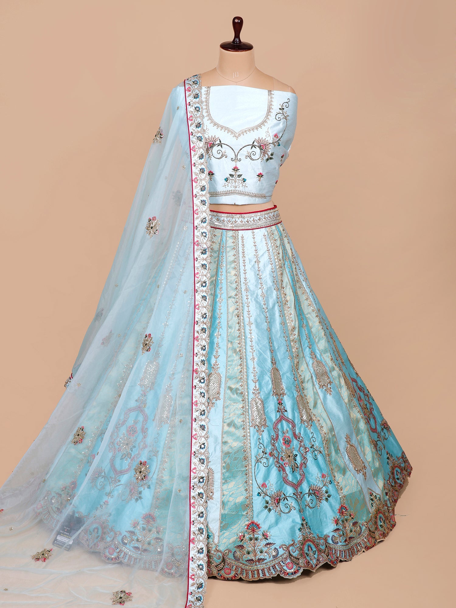 Blue-White Silk Lehenga with Multi-Color Thread