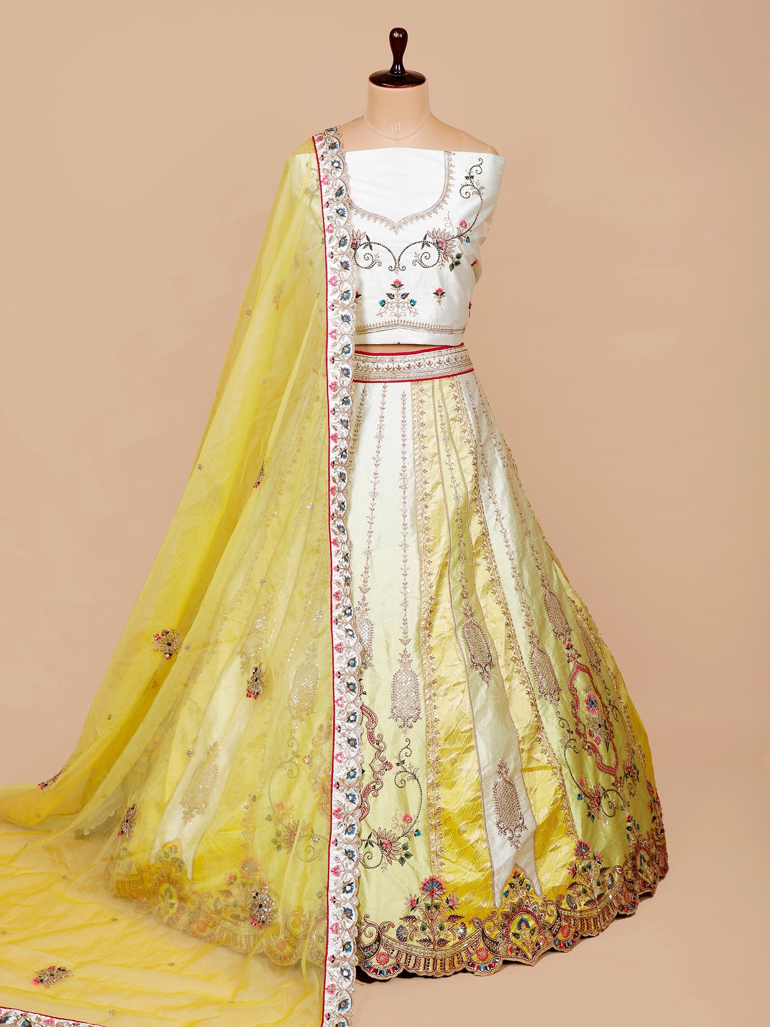 White-Yellow Silk Lehenga with Multi-Color Thread