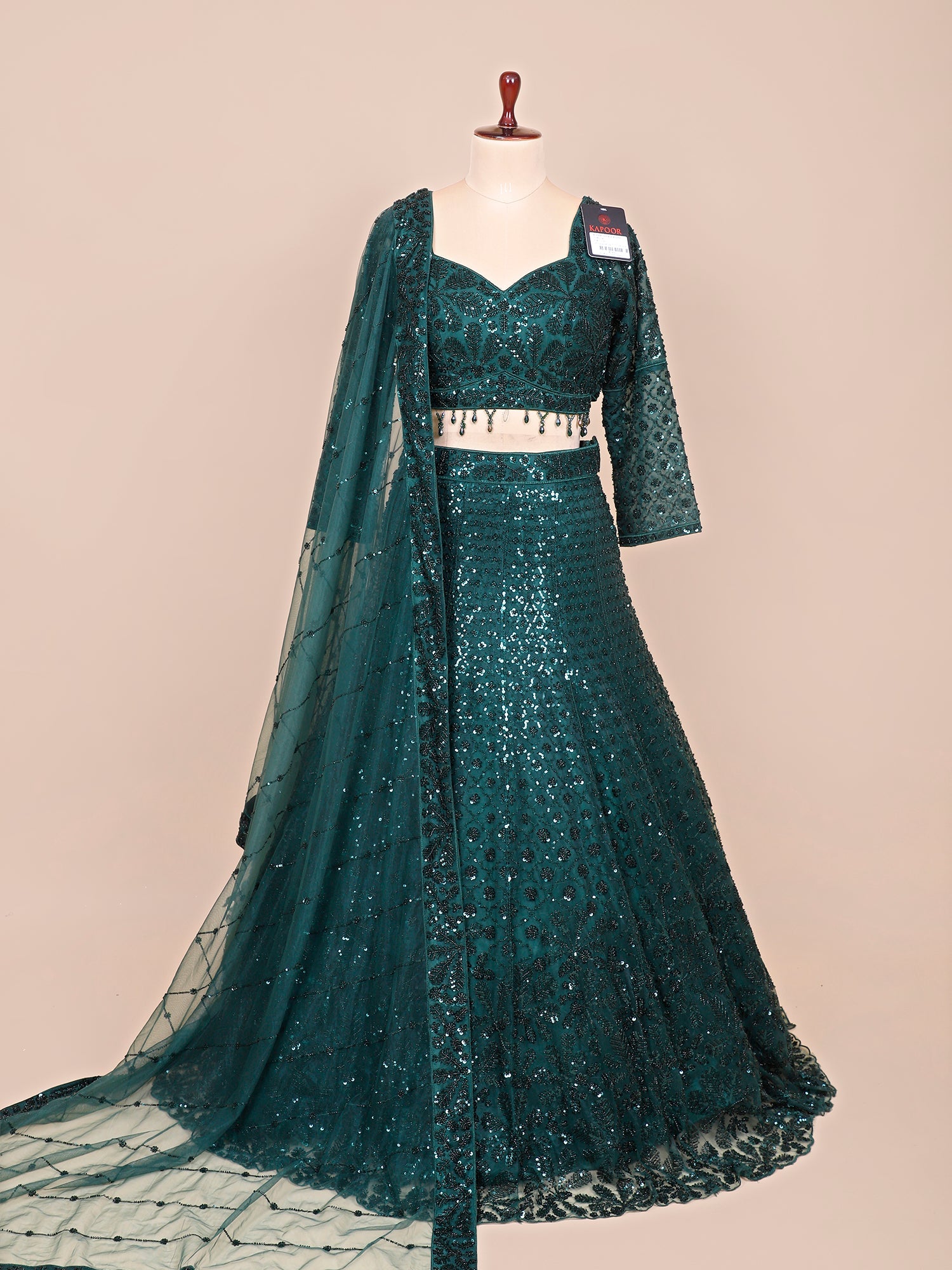 Dark Green Net Croptop with Beads & Sequins