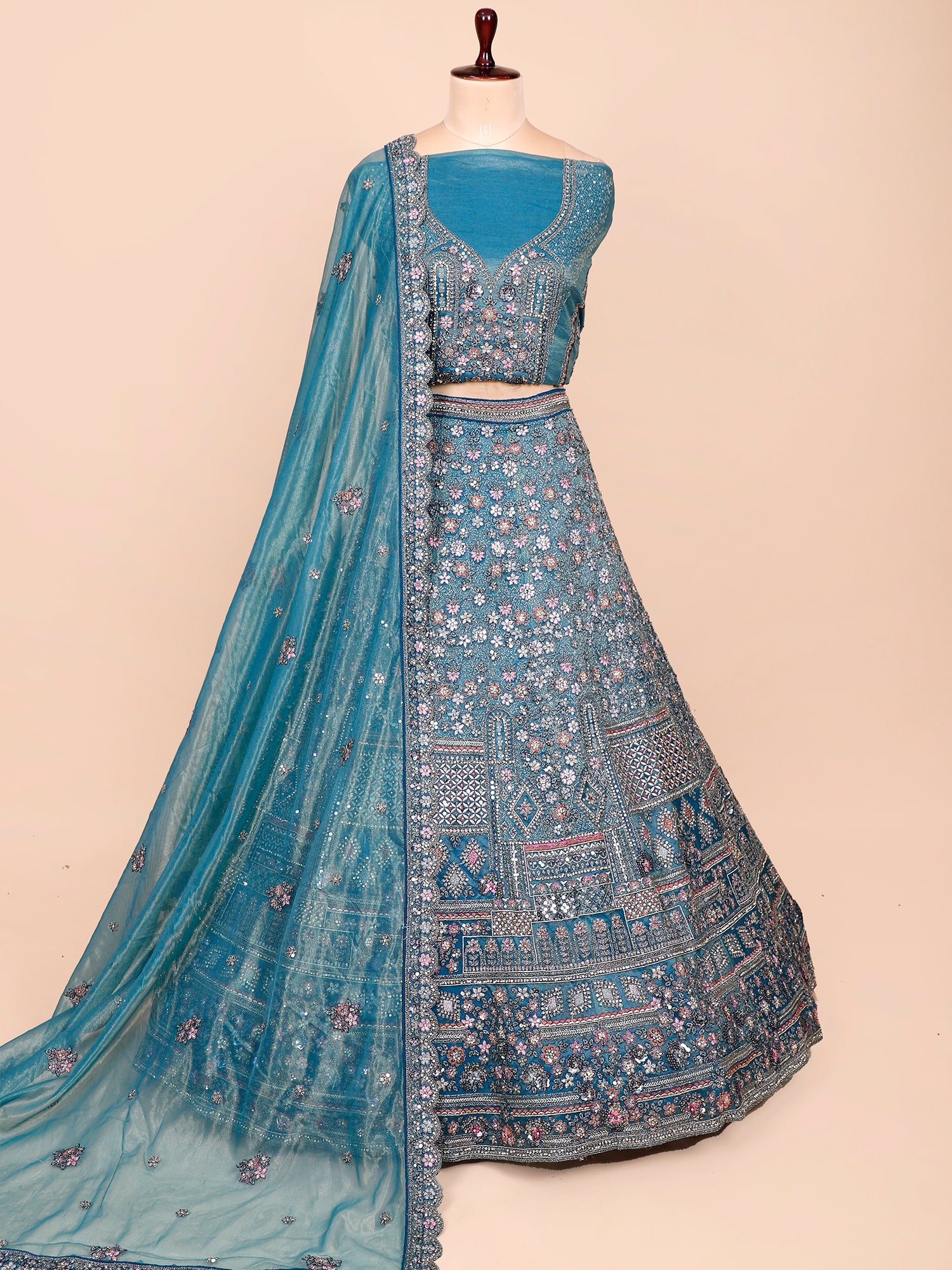 Rama Blue Shimmer Silk Lehenga with Multi-Thread