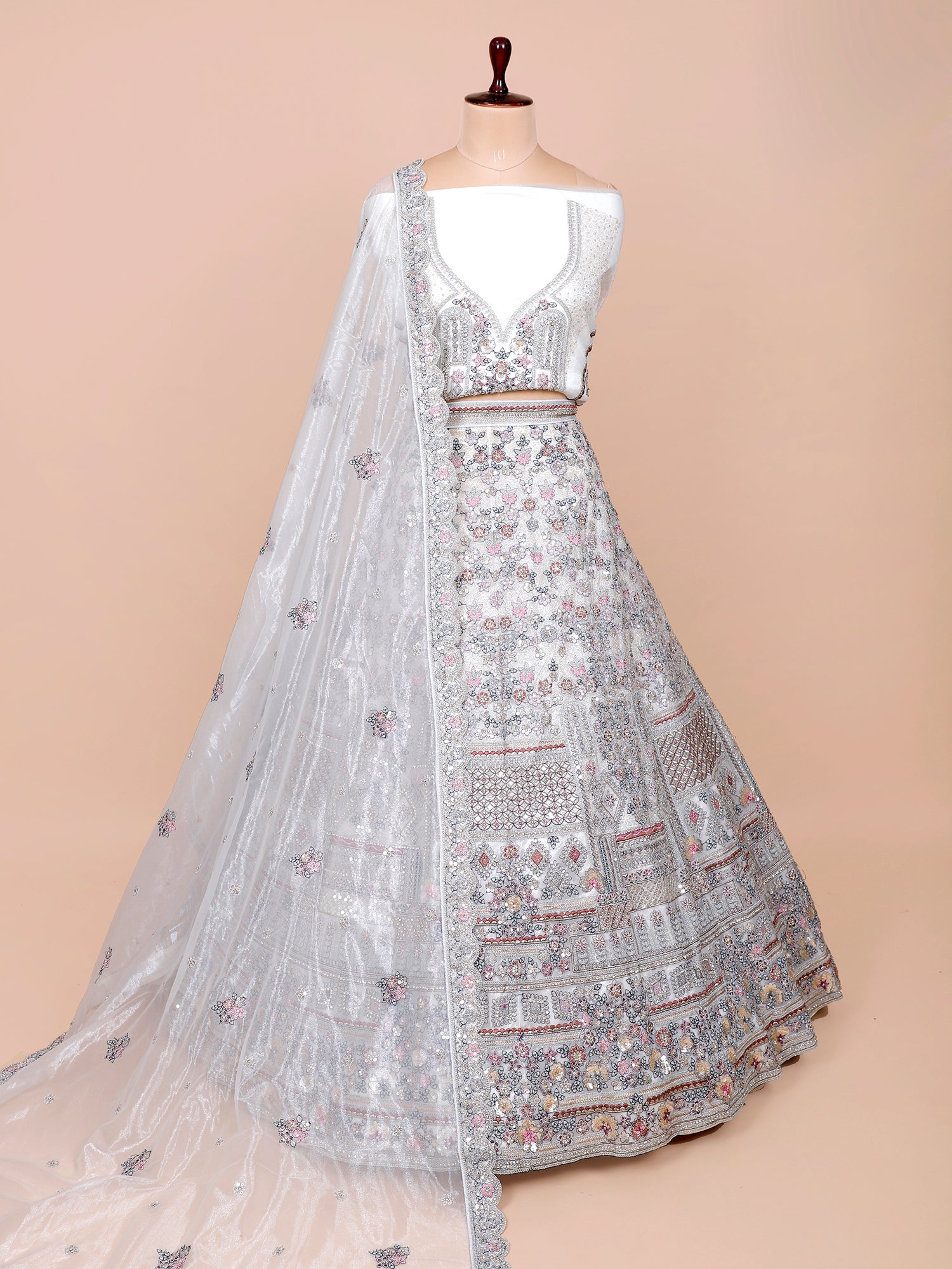 White Shimmer Silk Lehenga with Multi embroiderry