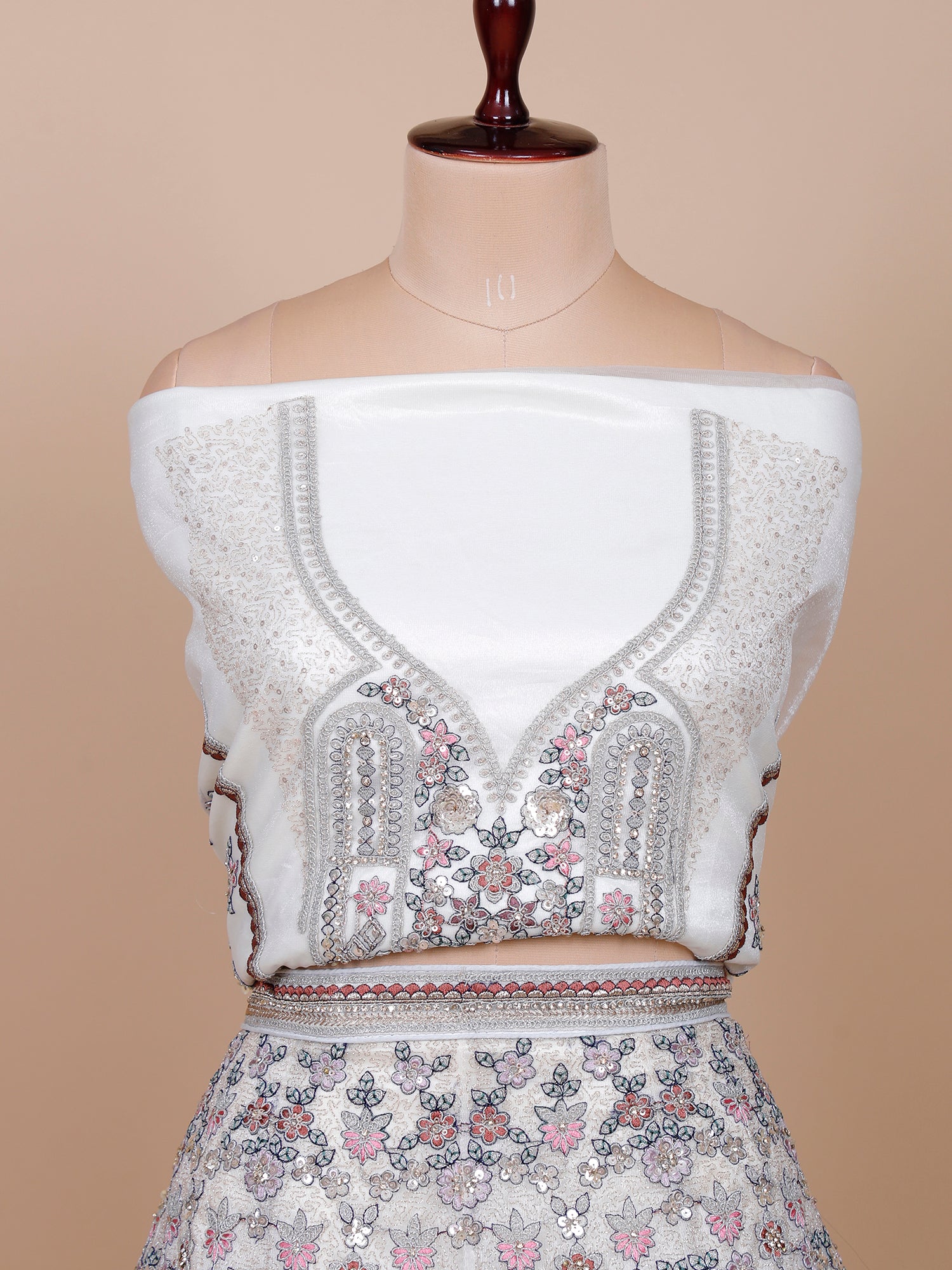 White Shimmer Silk Lehenga with Multi embroiderry