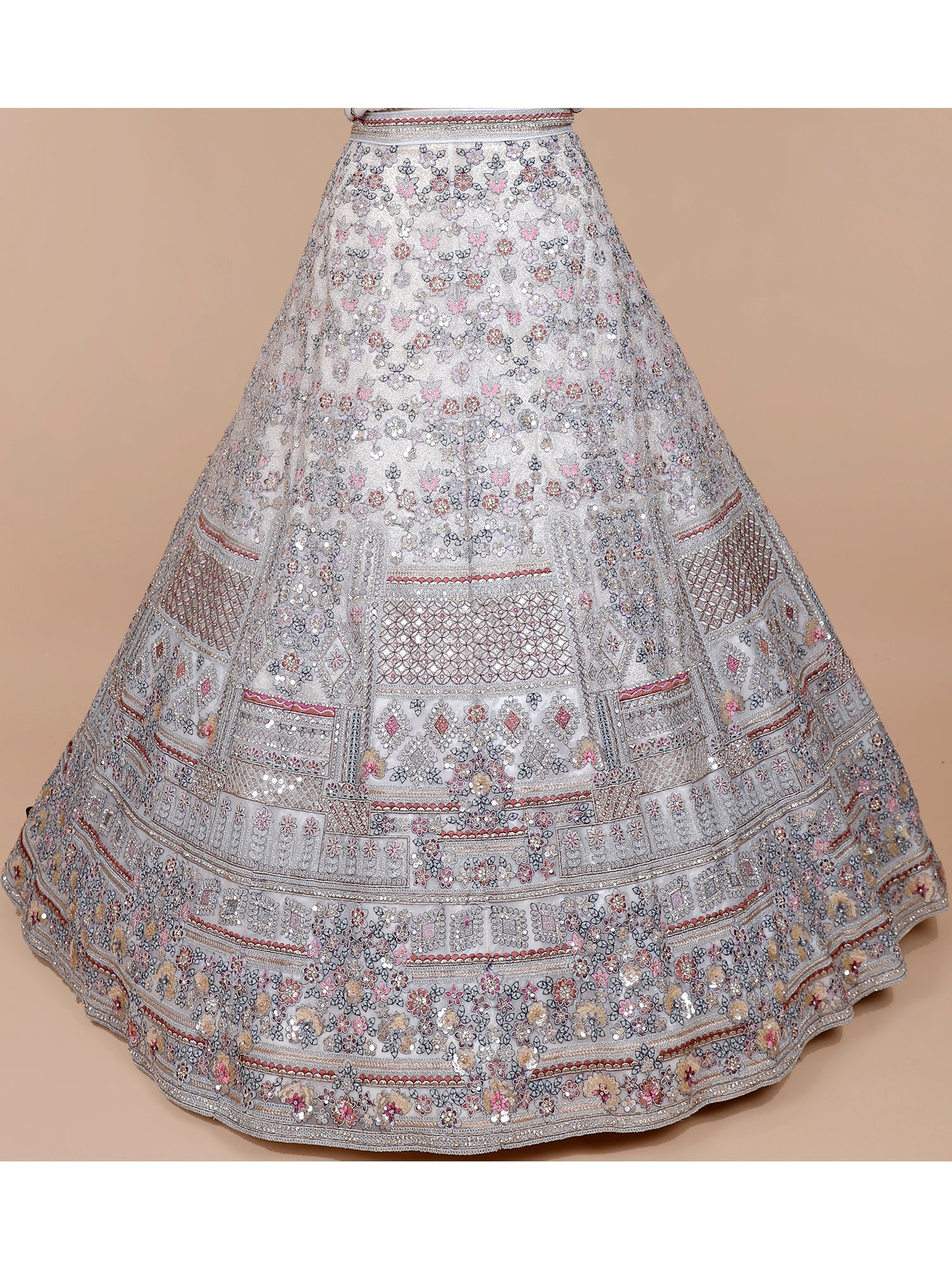White Shimmer Silk Lehenga with Multi embroiderry