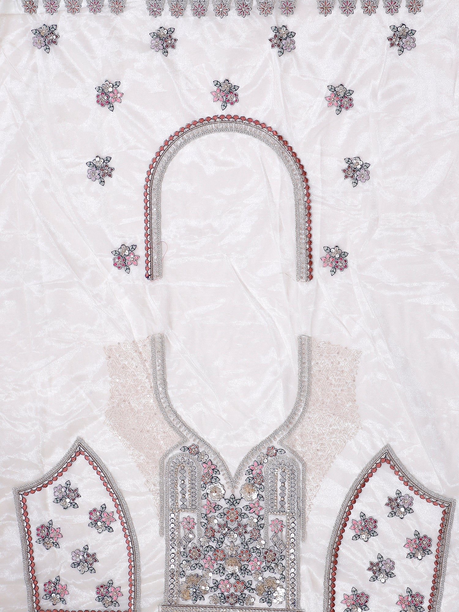 White Shimmer Silk Lehenga with Multi embroiderry