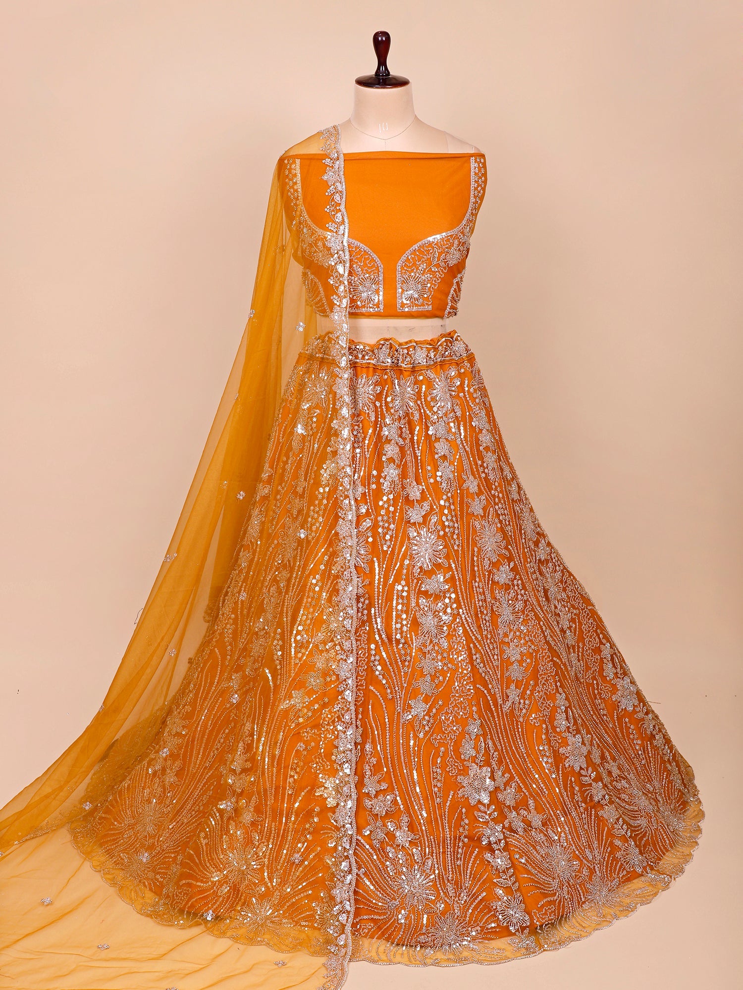 Orange Net Croptop with Beads & Sequins