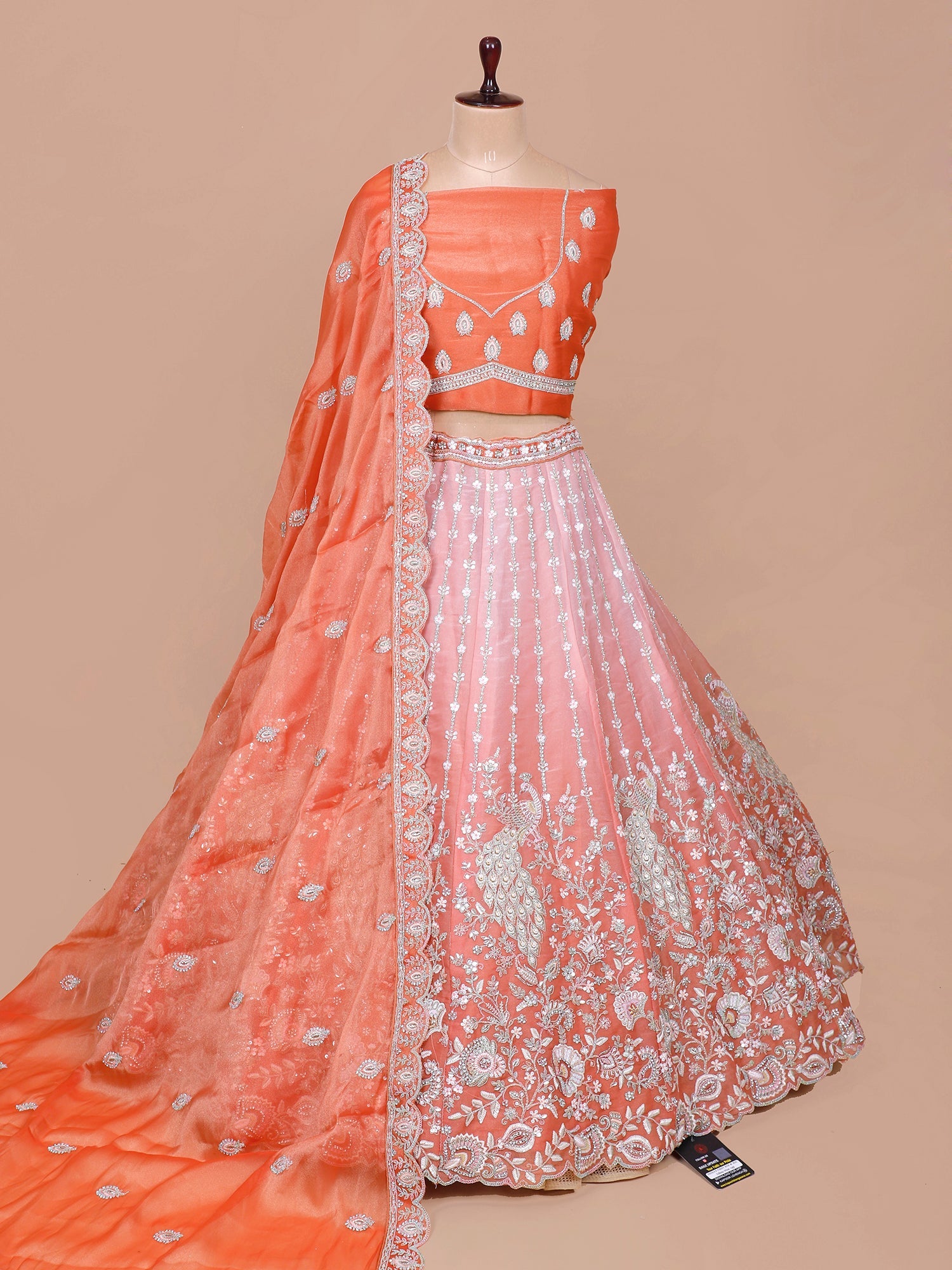 Orange-Pink Shimmer Silk Lehenga with Thread