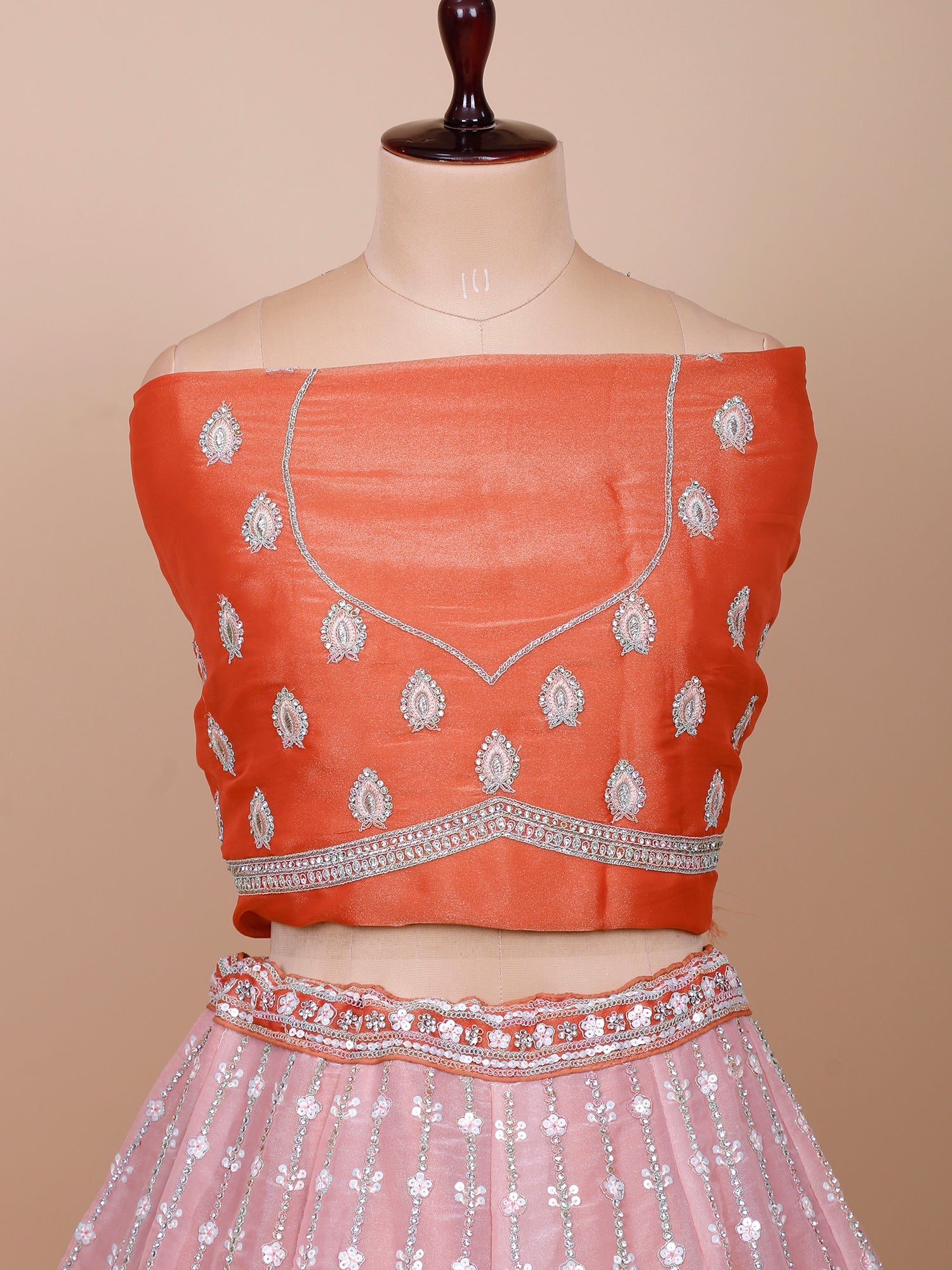 Orange-Pink Shimmer Silk Lehenga with Thread