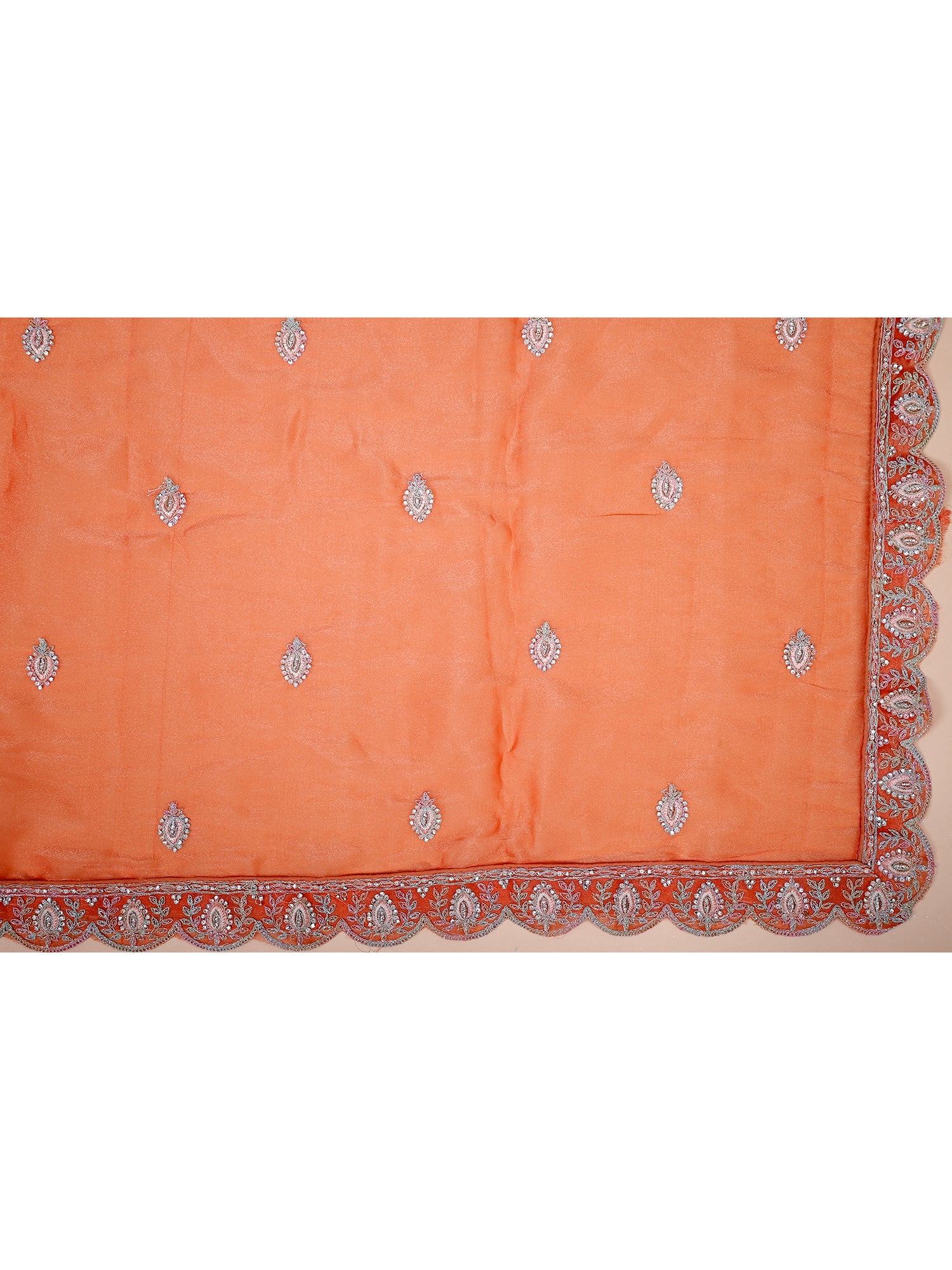 Orange-Pink Shimmer Silk Lehenga with Thread