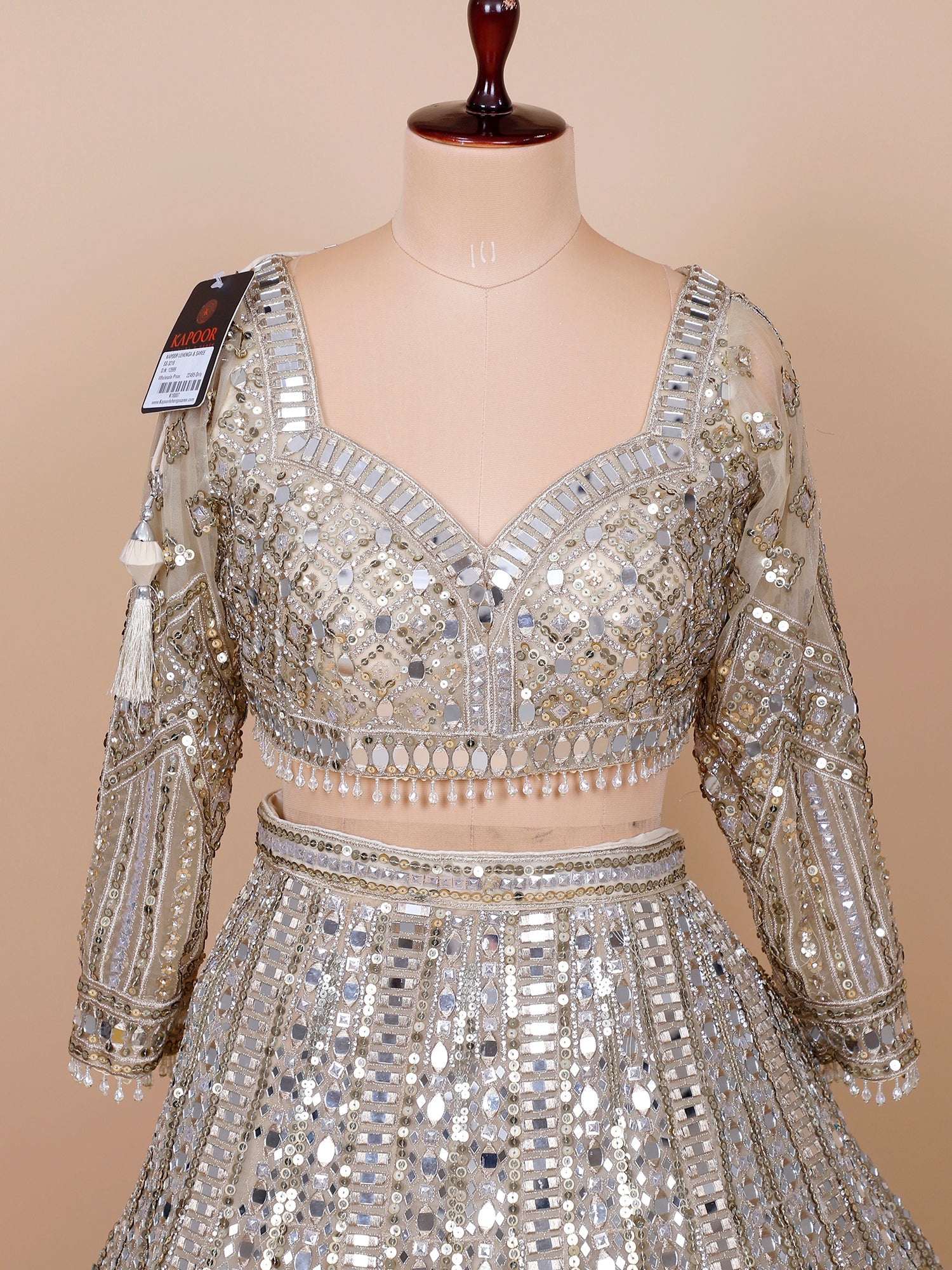 Grey Net Lehenga with Thread, Mirror