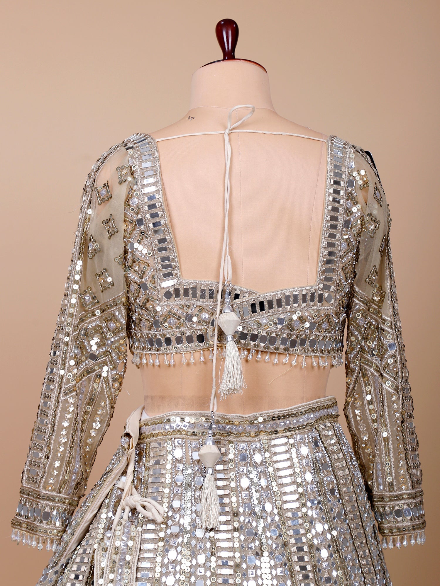 Grey Net Lehenga with Thread, Mirror