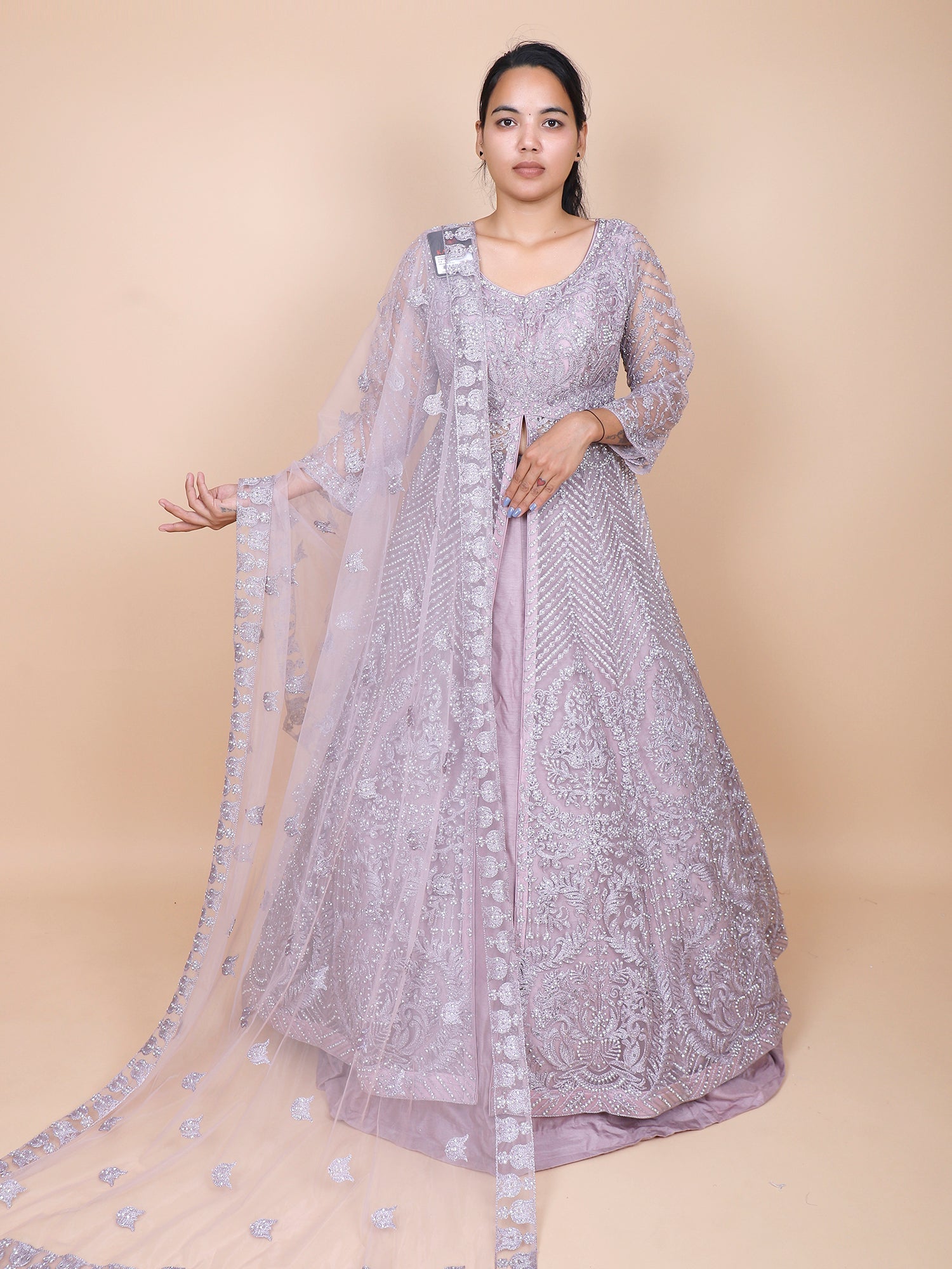 Light Lavender Net Lehenga with Thread