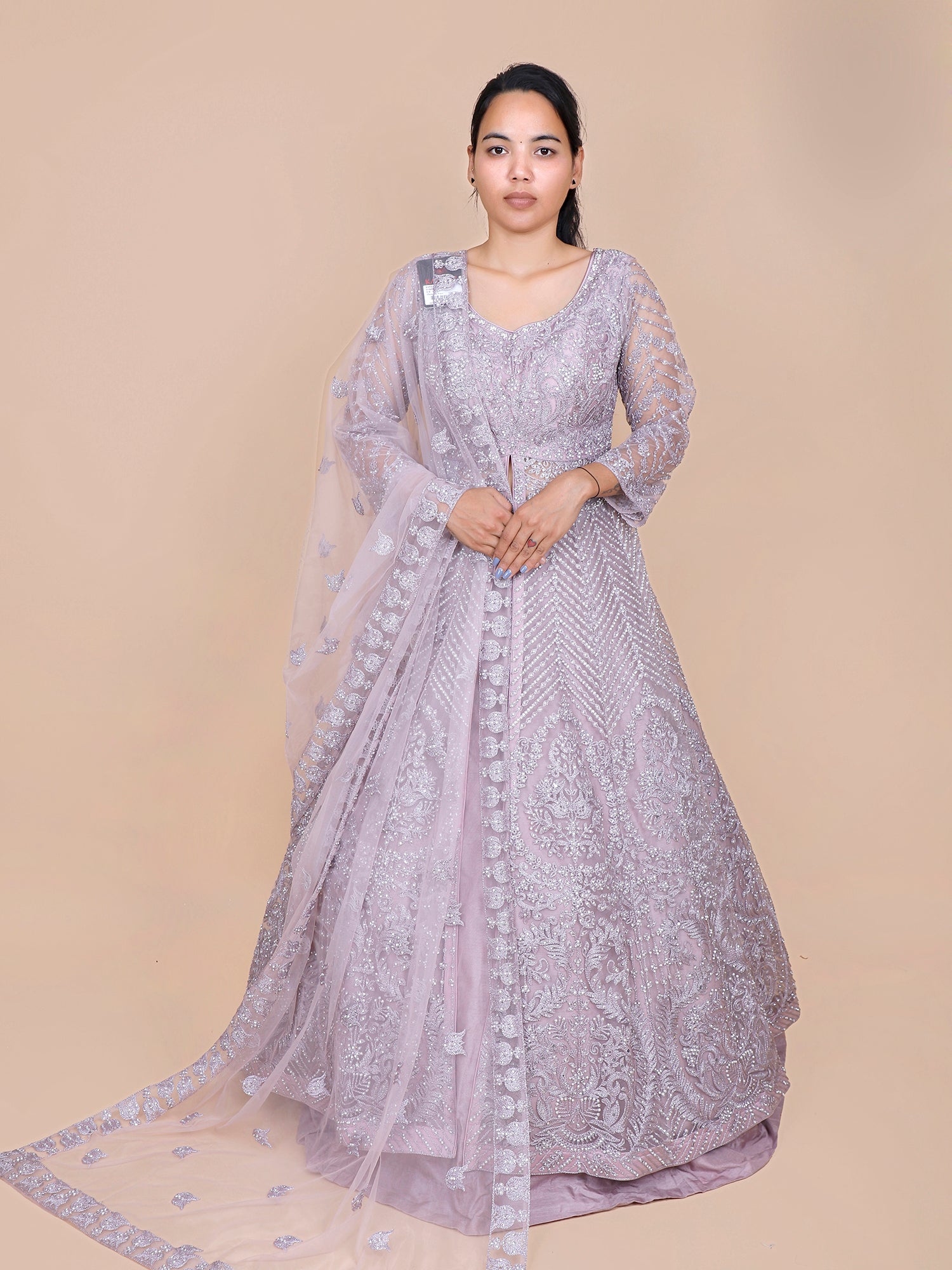 Light Lavender Net Lehenga with Thread