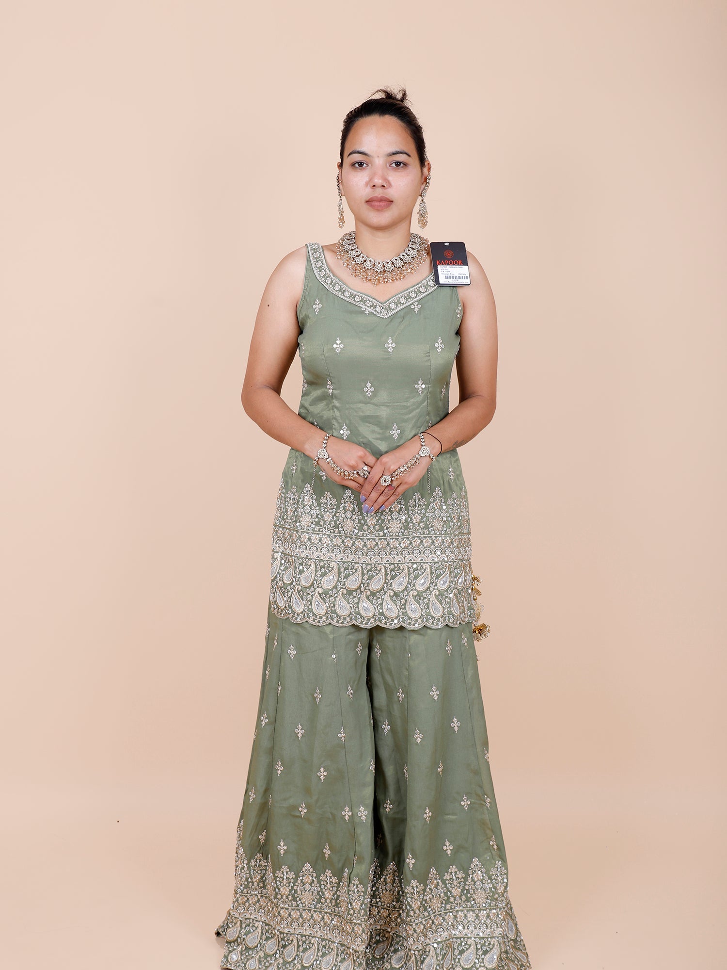 Green Organza Heavy Thread Embroidered Sharara