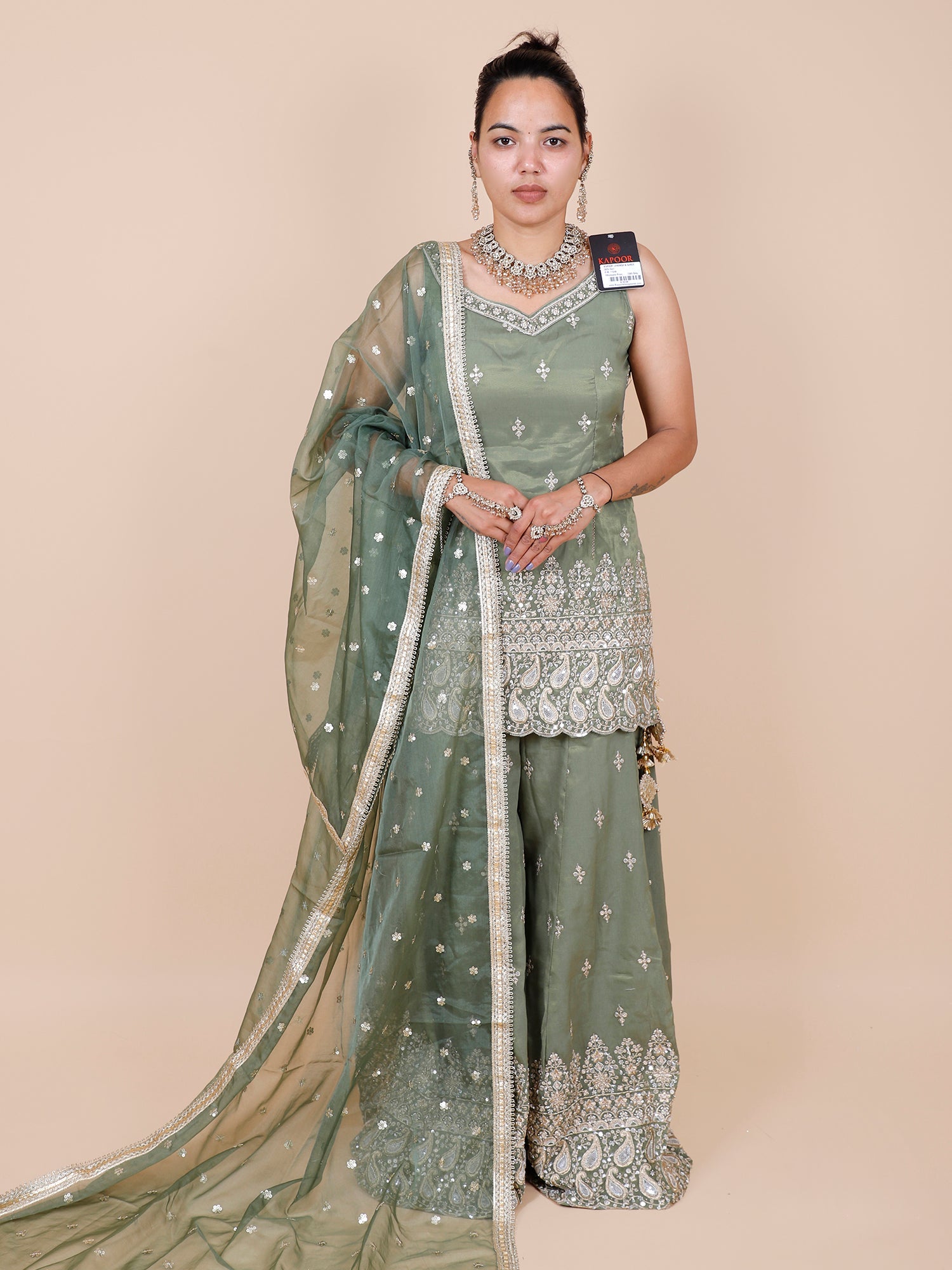 Green Organza Heavy Thread Embroidered Sharara