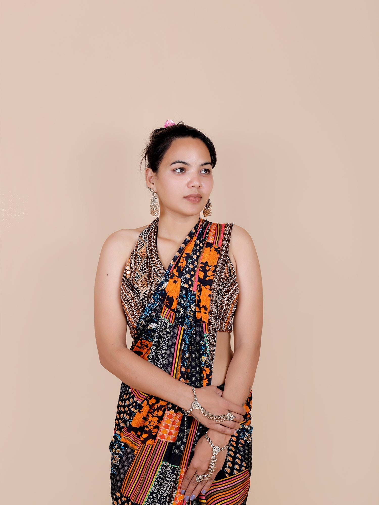 Multi Chinon Saree with Hand Bead