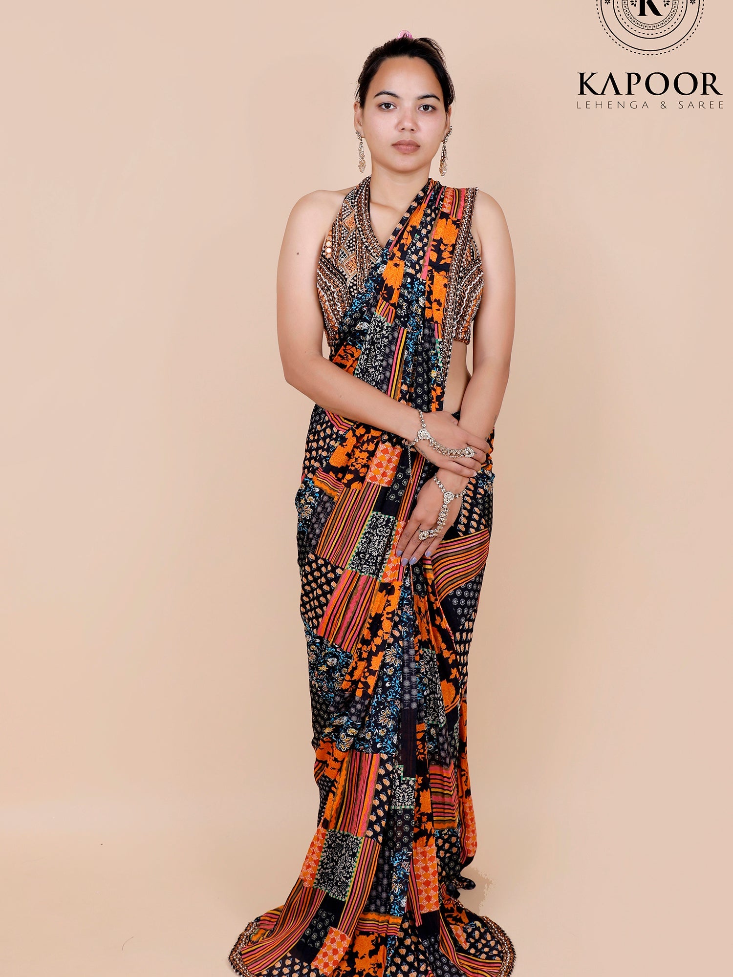 Multi Chinon Saree with Hand Bead