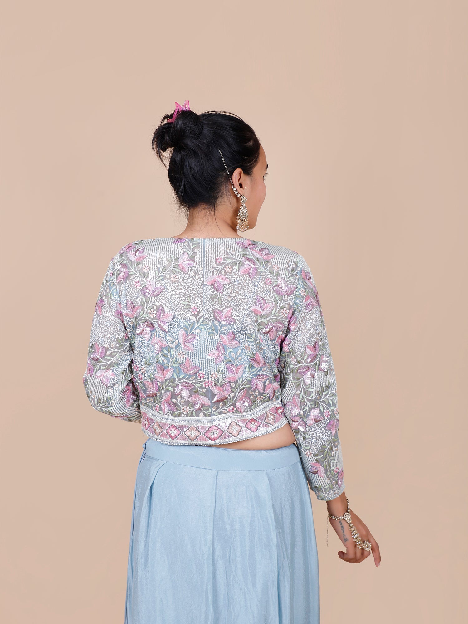 Sky Blue Chinon Indo-Western Heavy with Thread