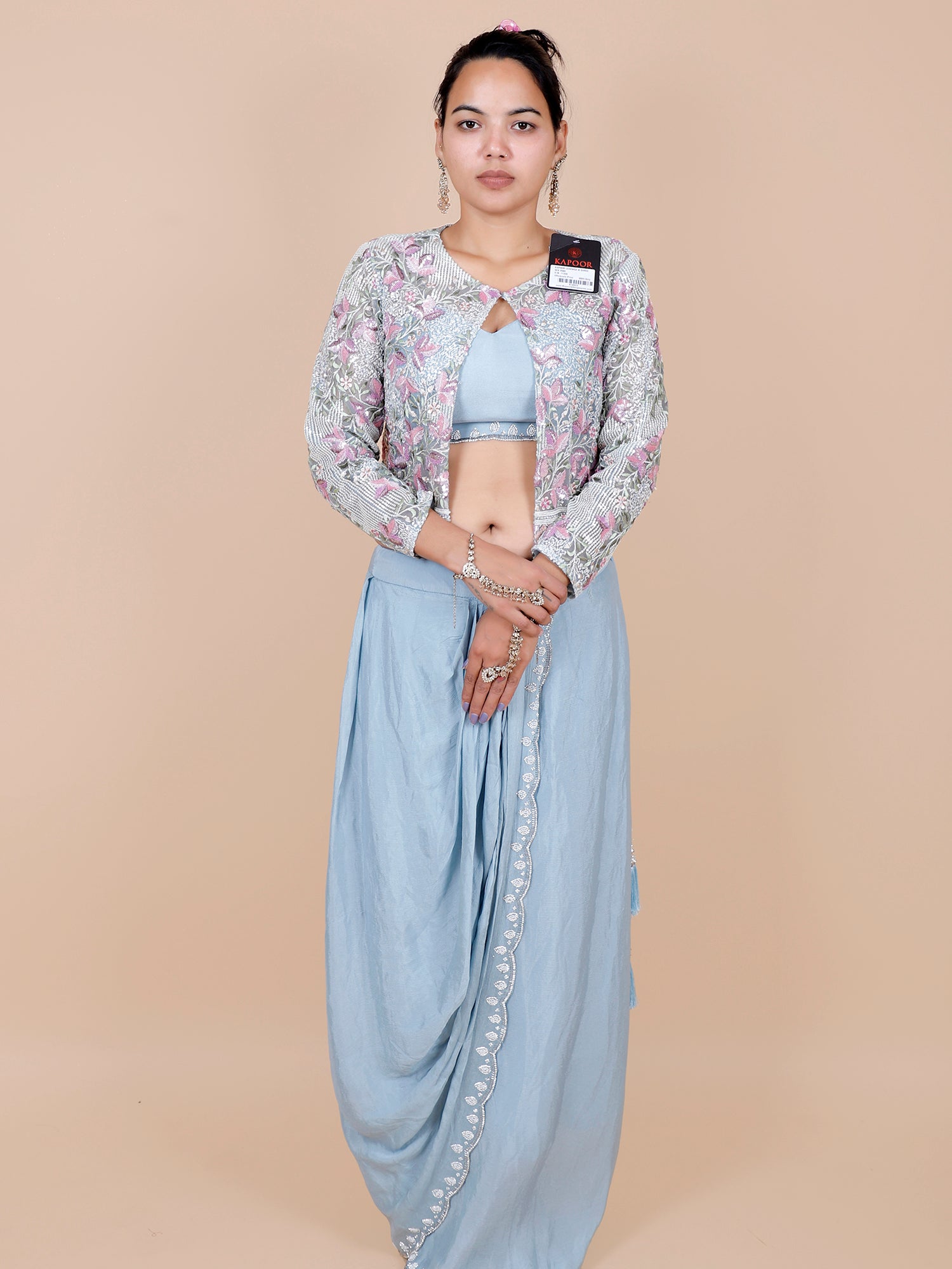 Sky Blue Chinon Indo-Western Heavy with Thread