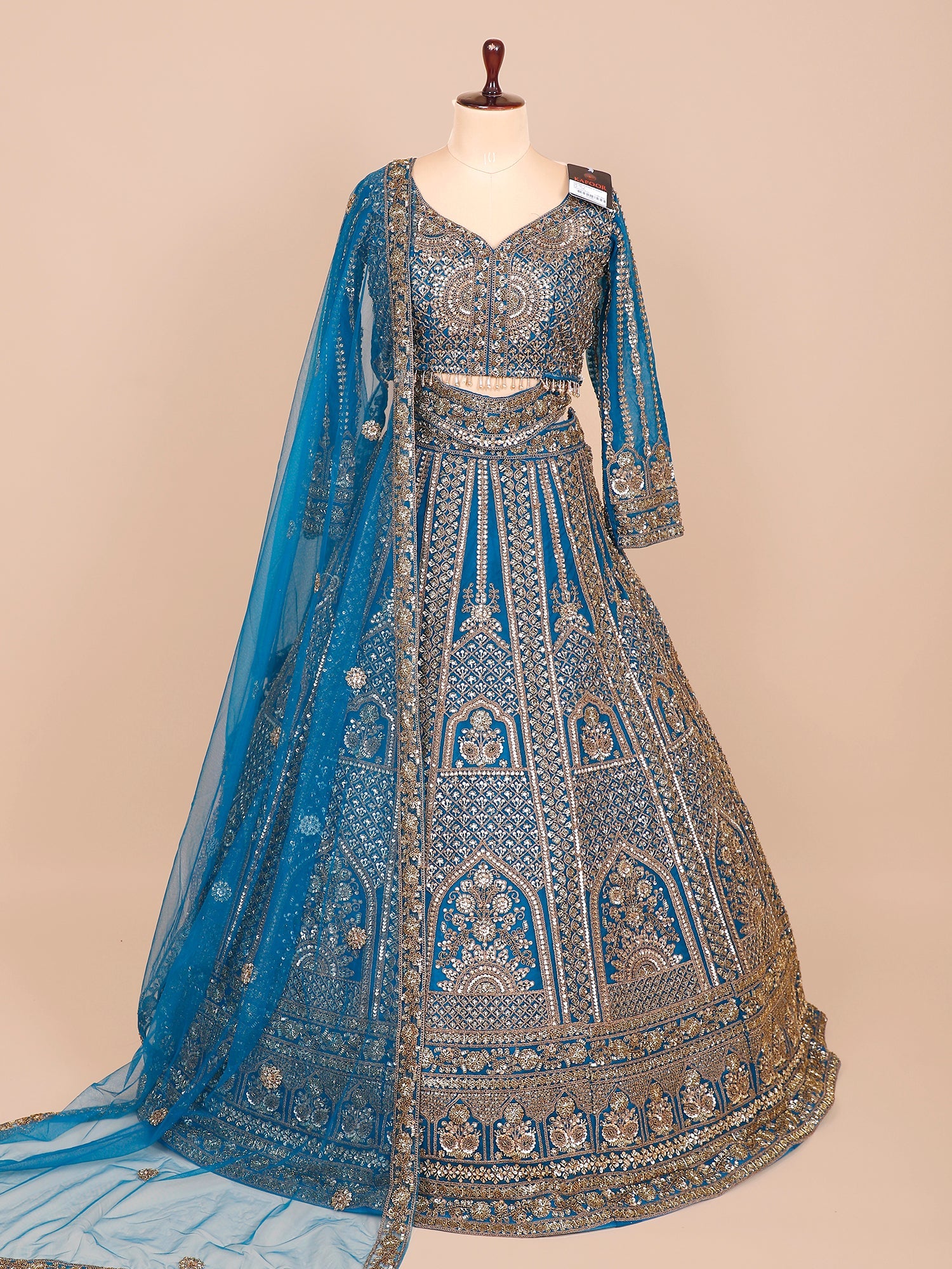 Rama Blue Net Crop Top with Golden work