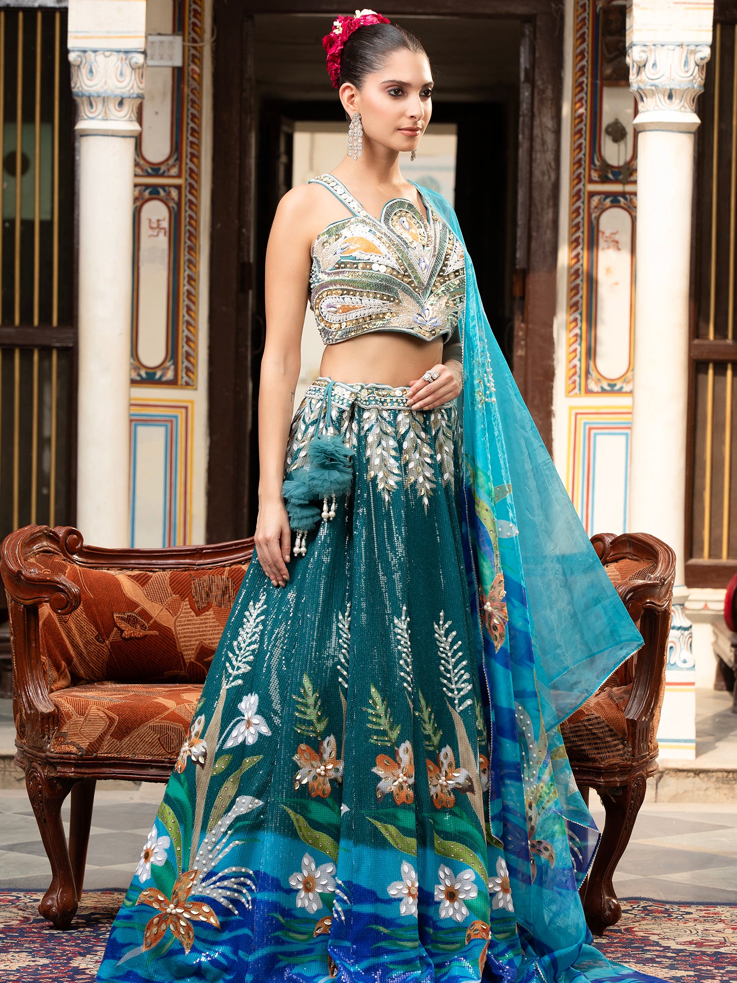 Rama Blue Net Lehenga With Handcrafted Sequin