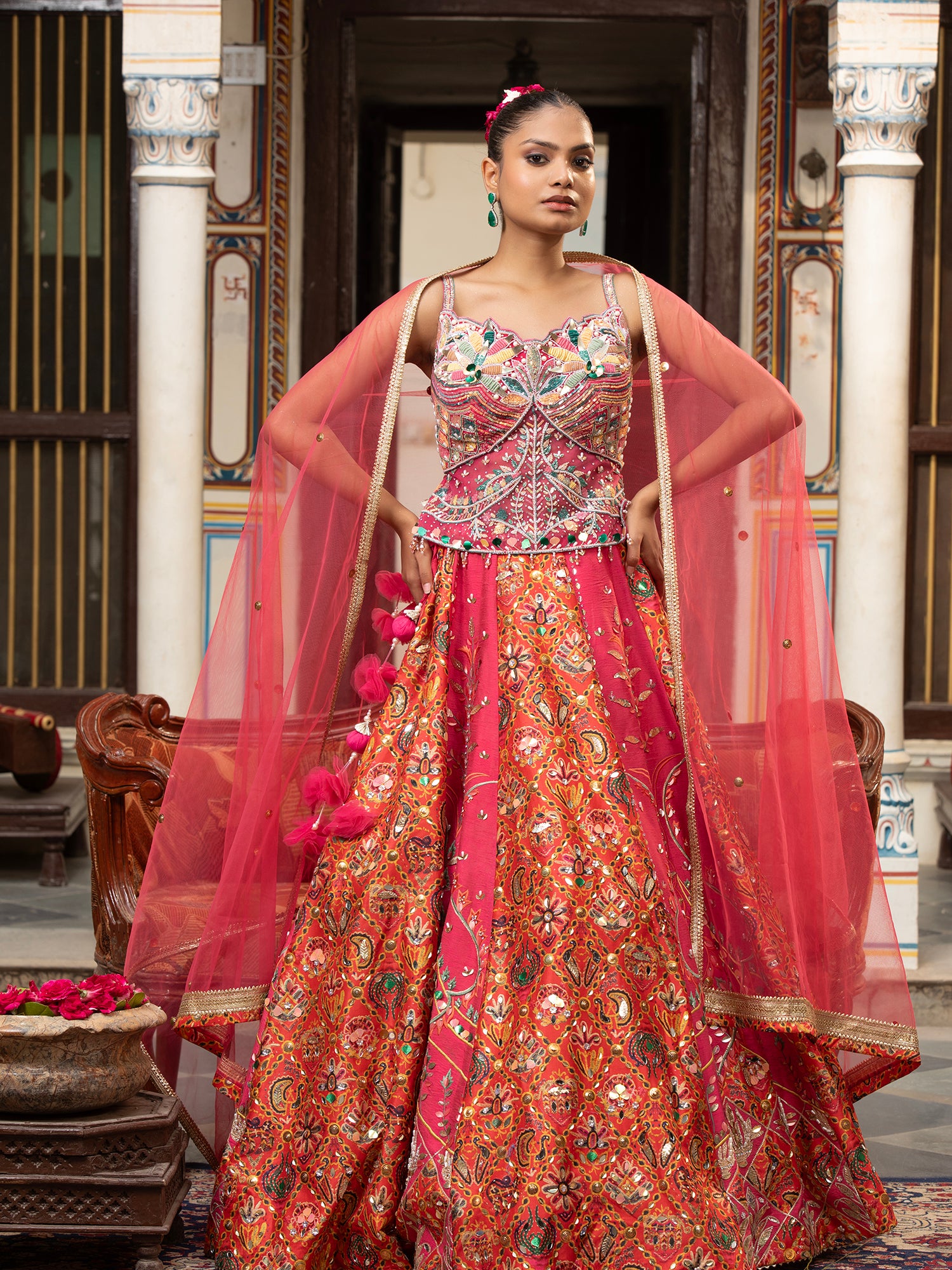 silk lehenga dress Red Bridal Silk Lehenga Choli With Two Dupatta