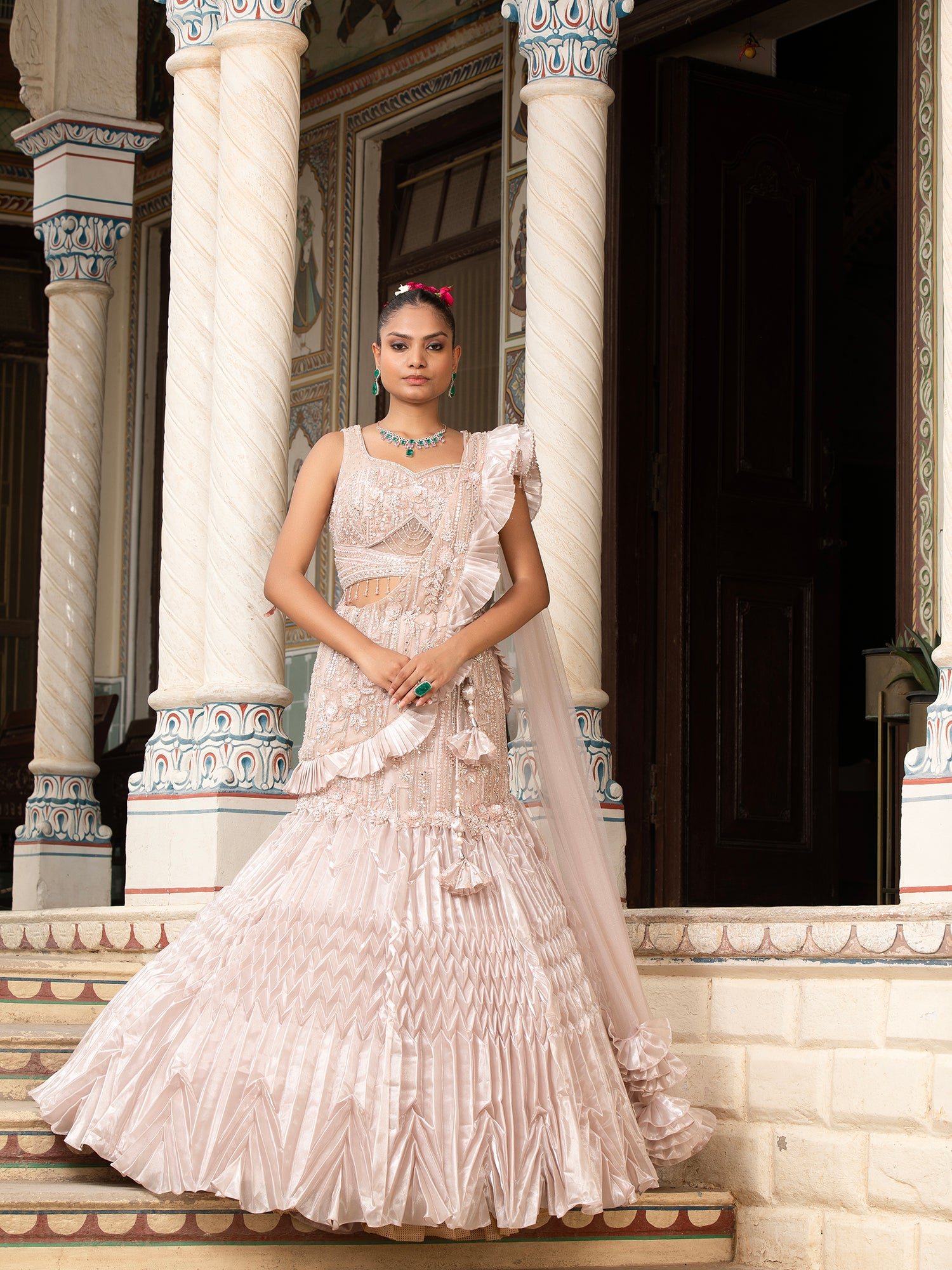 Jimmy Choo Beige Fish-Cut Lehenga With Beads