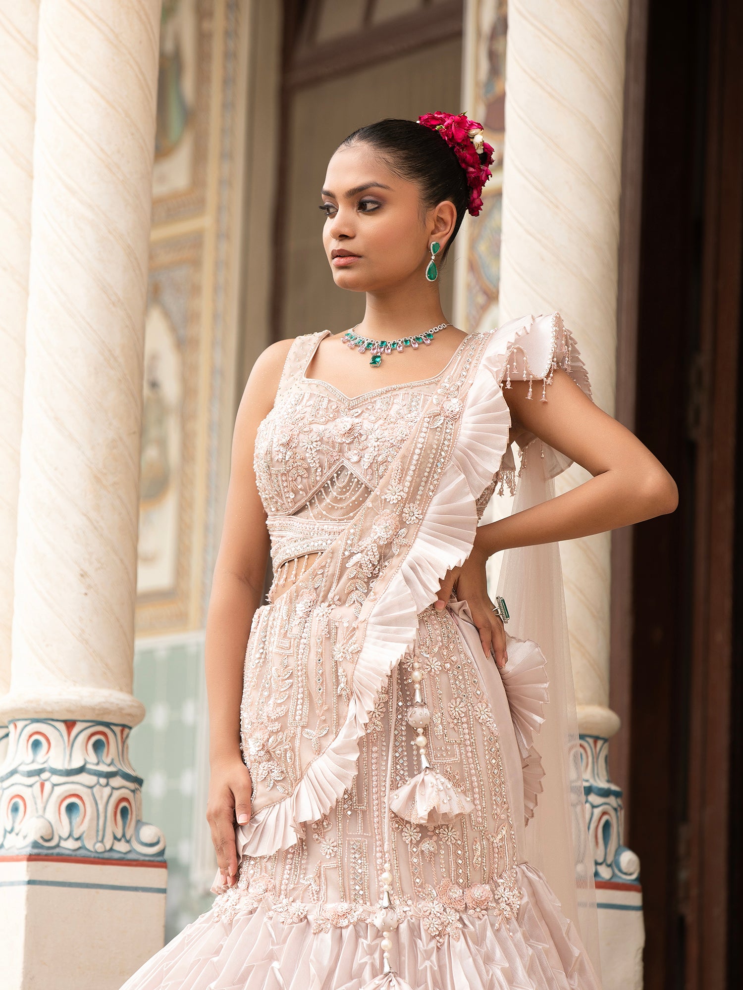 Jimmy Choo Beige Fish-Cut Lehenga With Beads