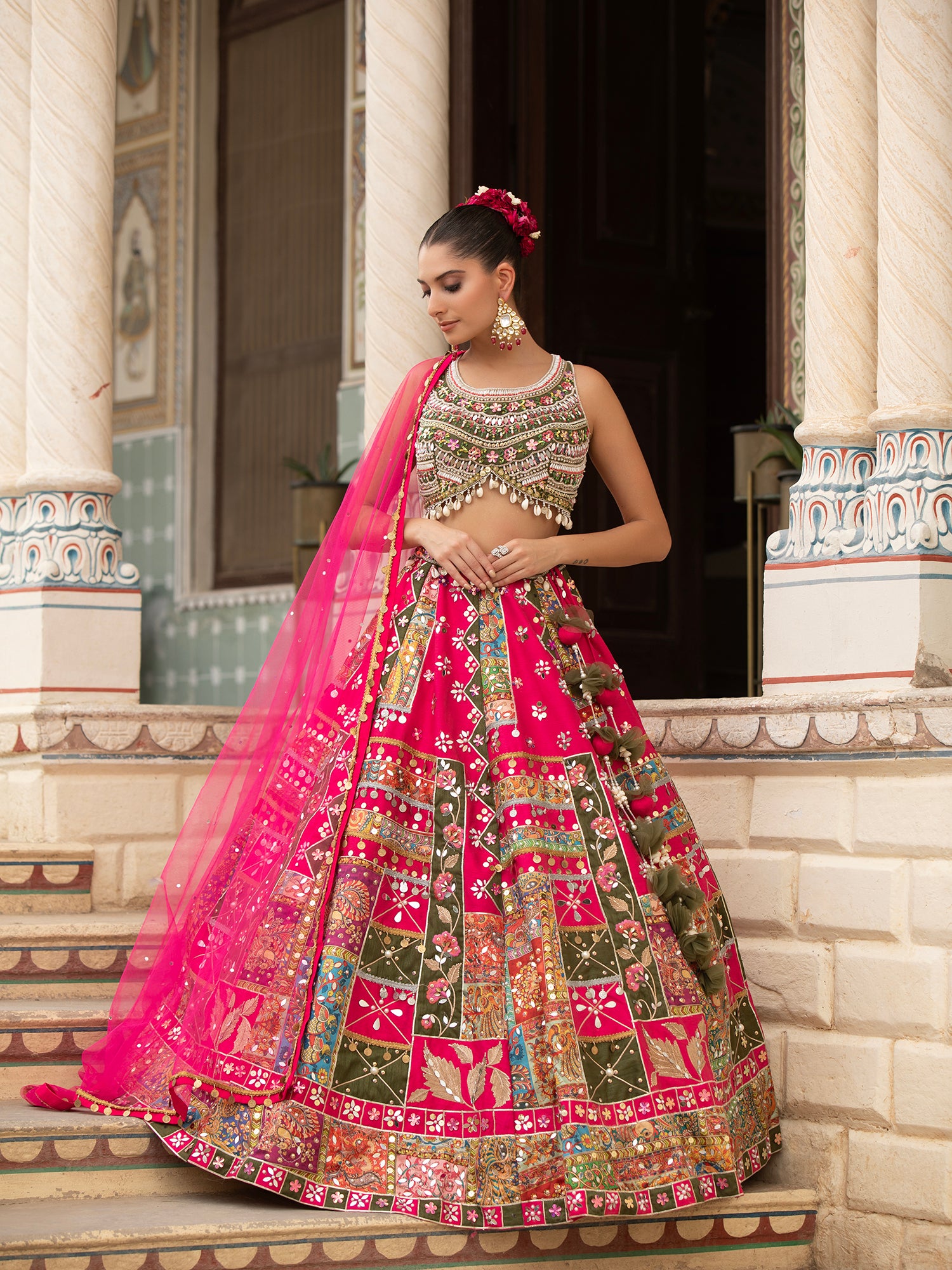 Designer Multi Silk Lehenga With Mirror