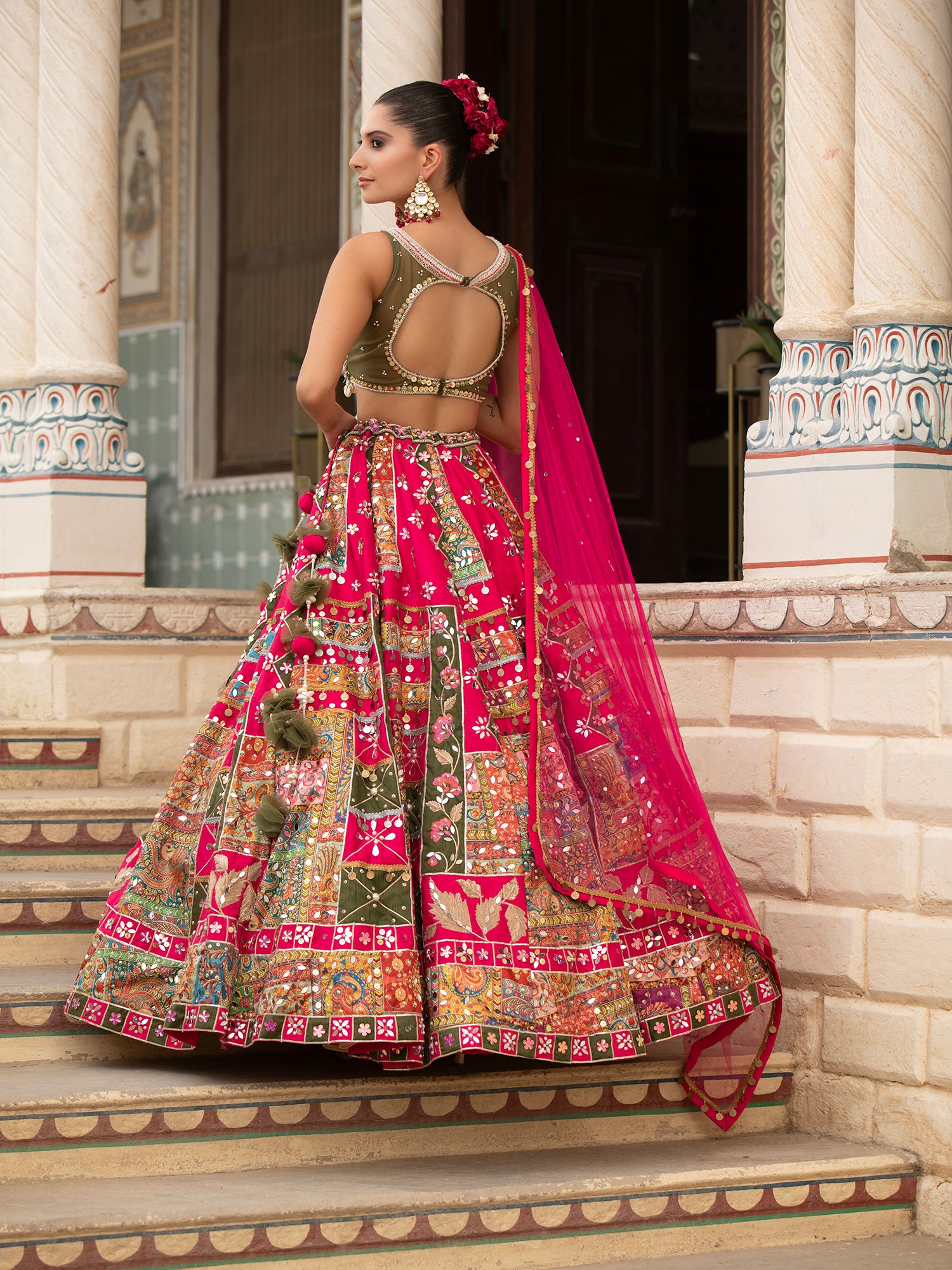 Designer Multi Silk Lehenga With Mirror