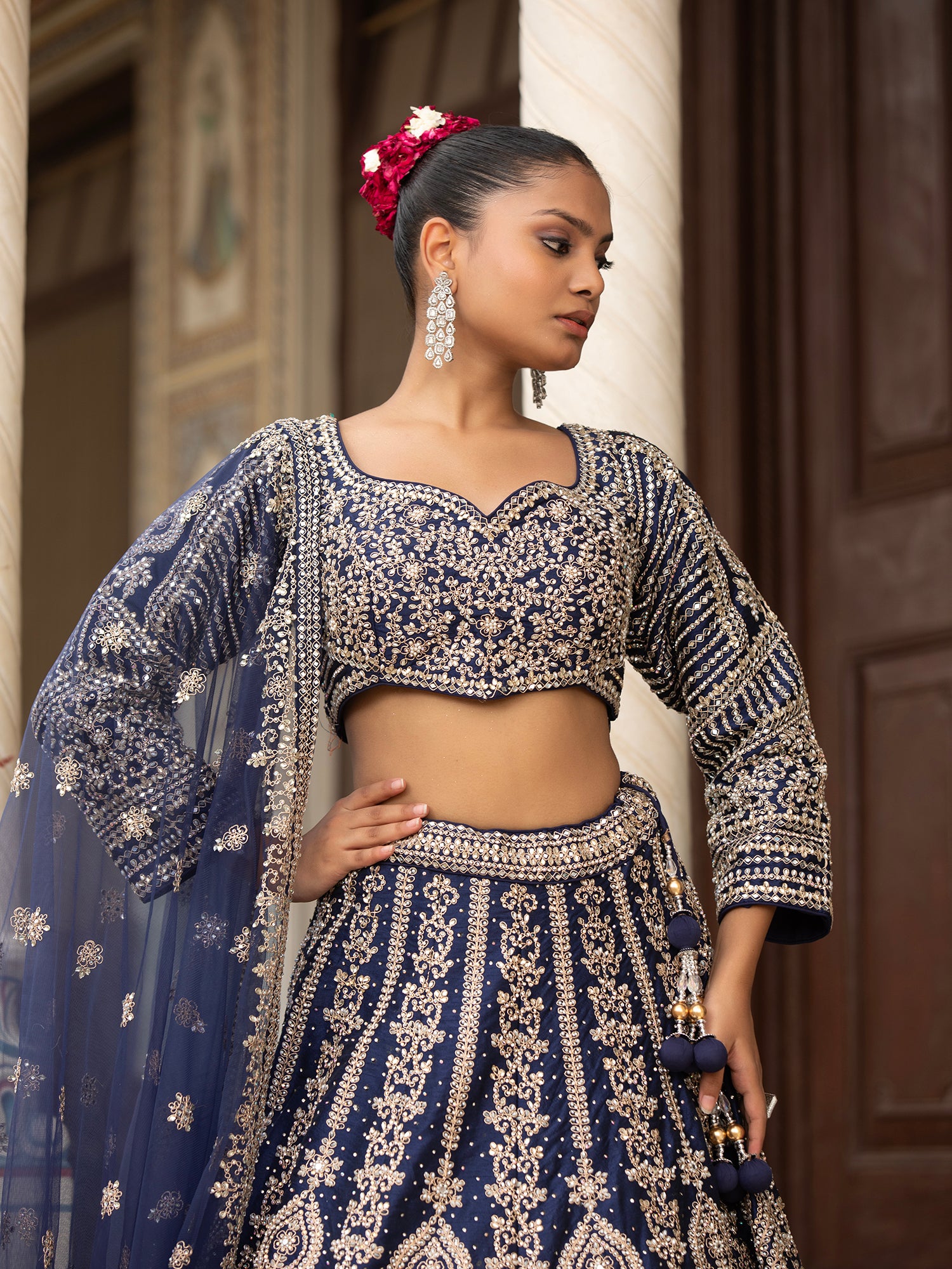 Navy Blue Silk Lehenga With Bead Work