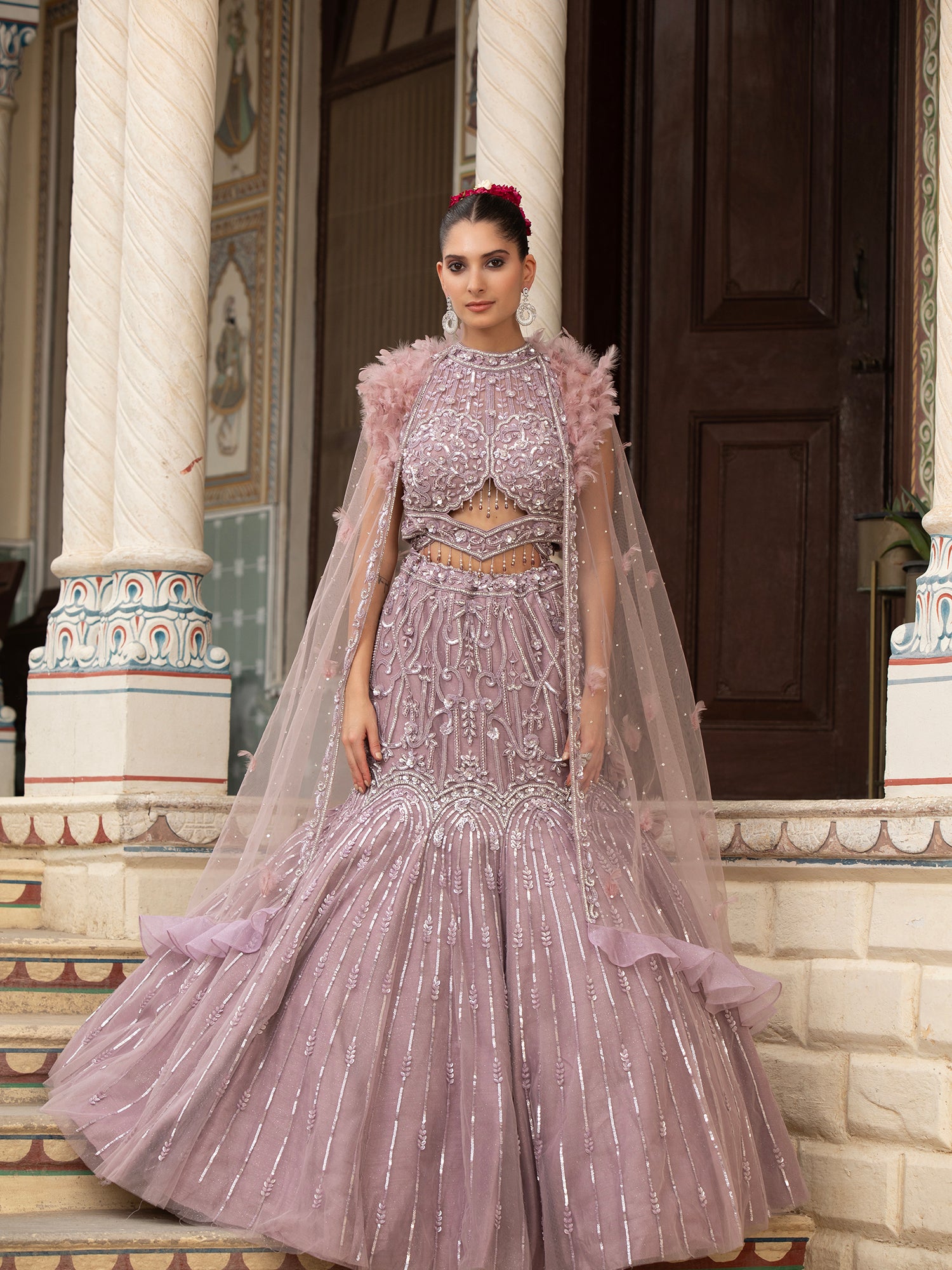 Lavender Net Indo-Western With Beads