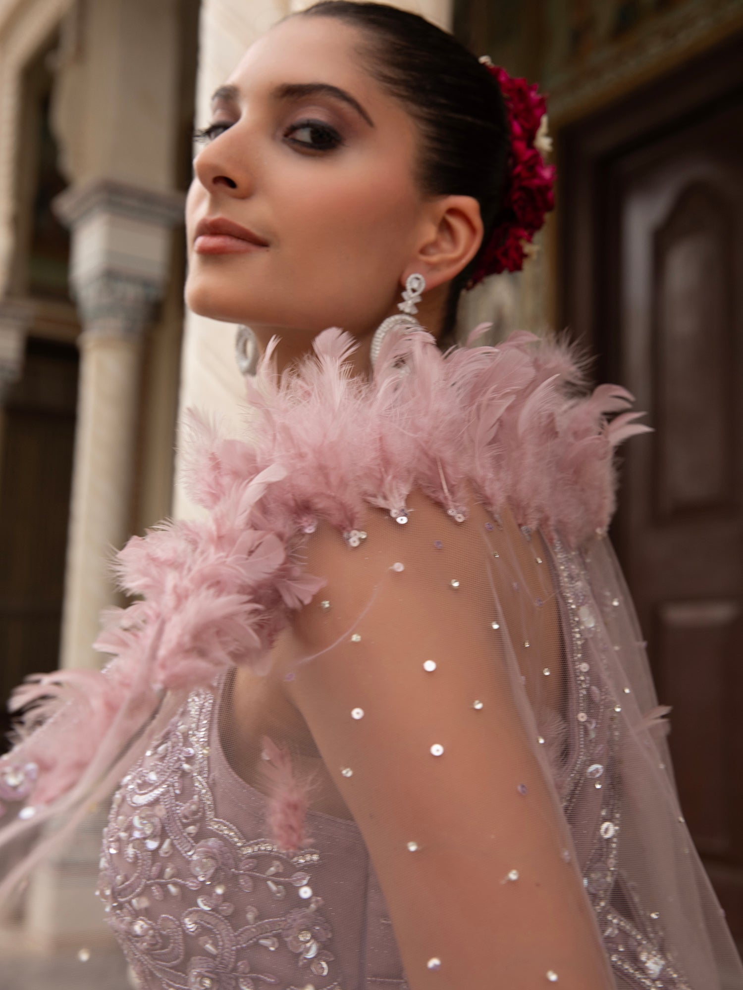 Lavender Net Indo-Western With Beads
