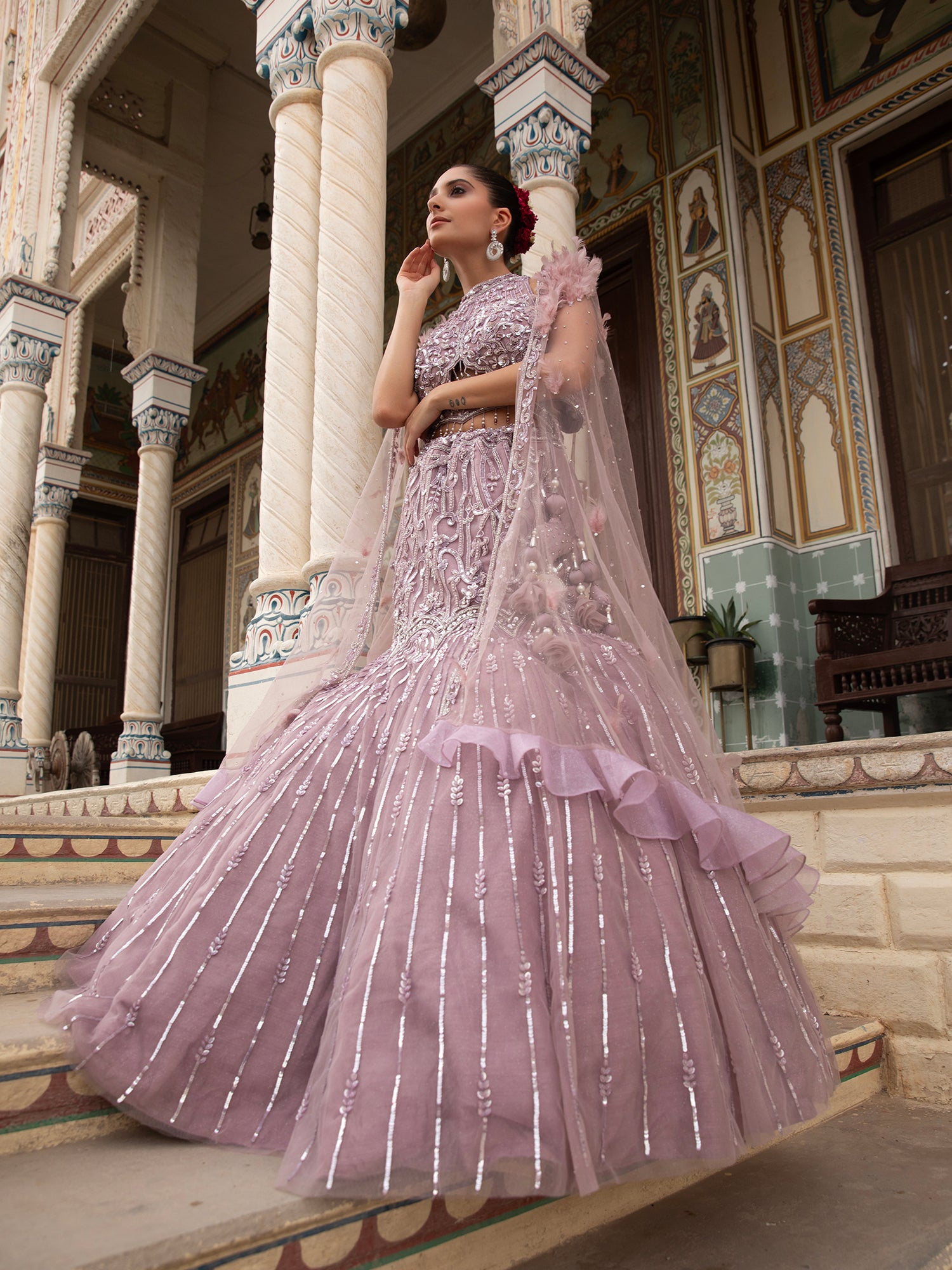 Lavender Net Indo-Western With Beads