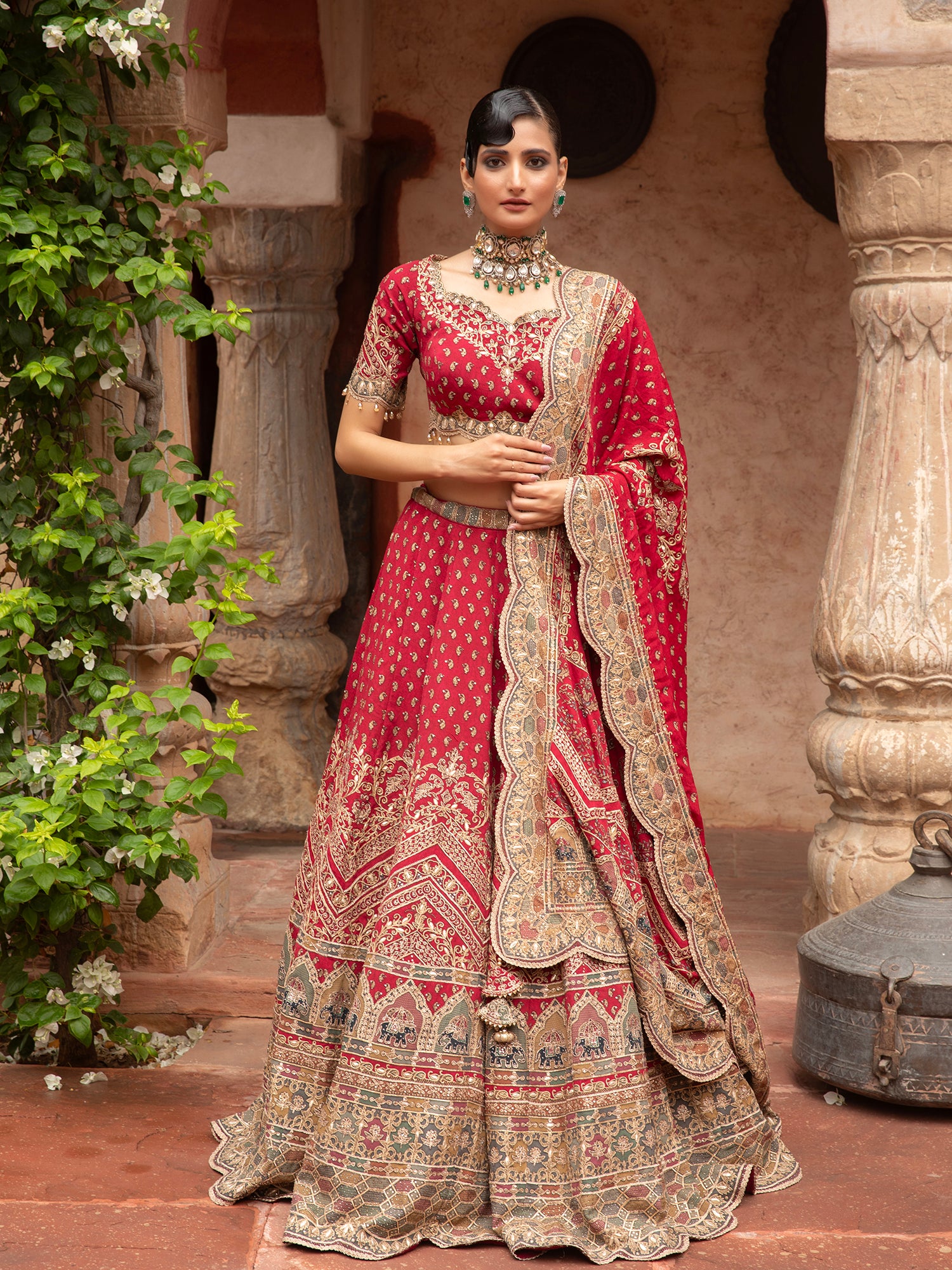 Red Georgette Lehenga With Digital Print, Thread