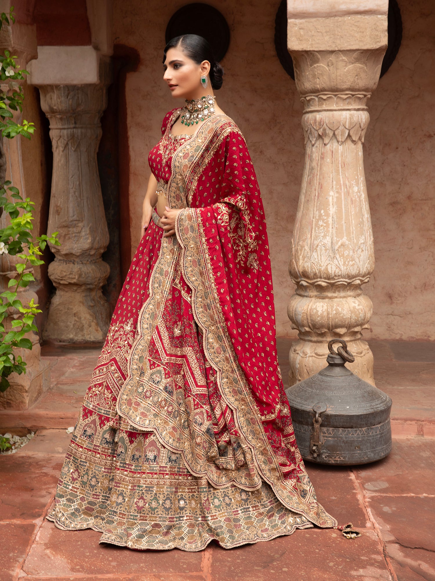 Red Georgette Lehenga With Digital Print, Thread