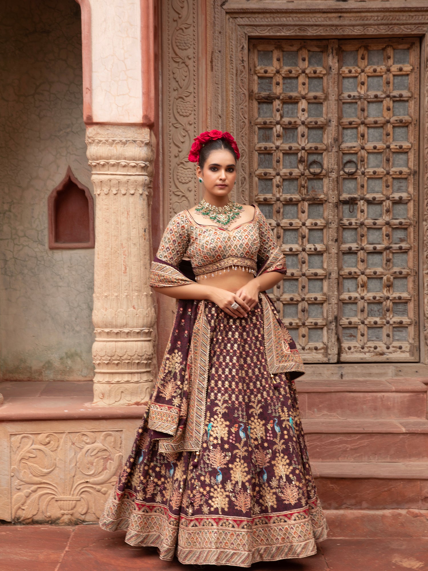 Dark Maroon Georgette Lehenga With Sequins