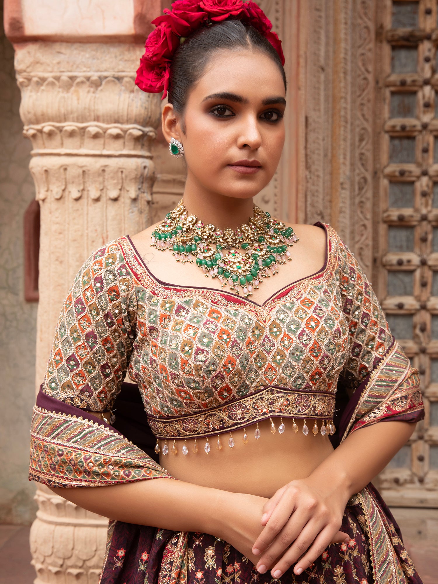Dark Maroon Georgette Lehenga With Sequins