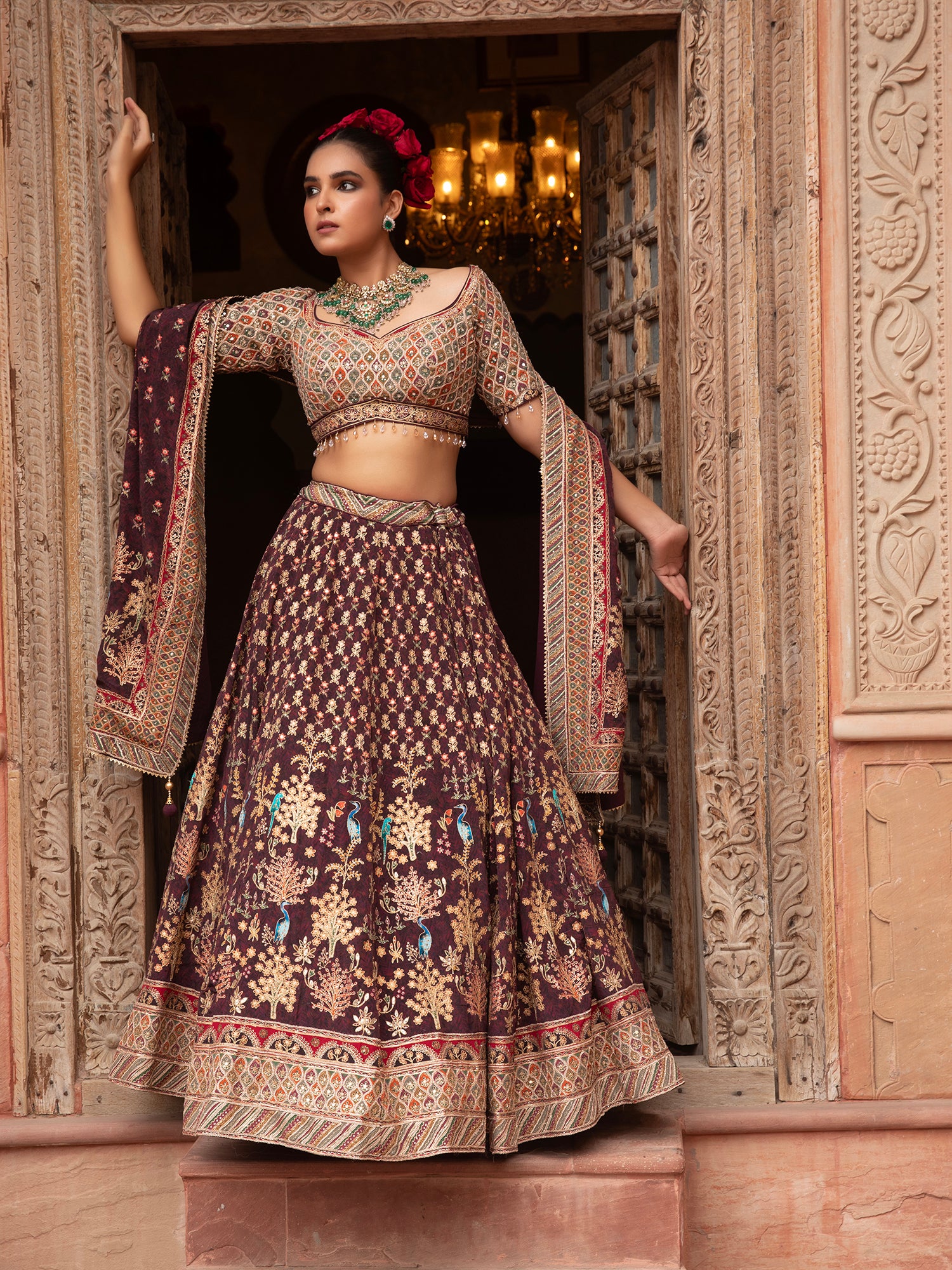 Dark Maroon Georgette Lehenga With Sequins