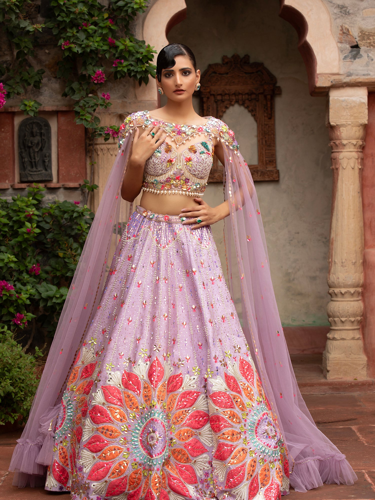 Light Lavender Silk Lehenga With Appliqué
