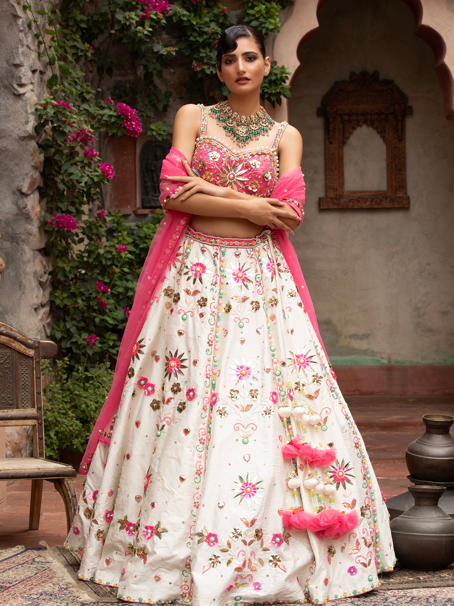 White Silk Lehenga With Handcrafted Detailing