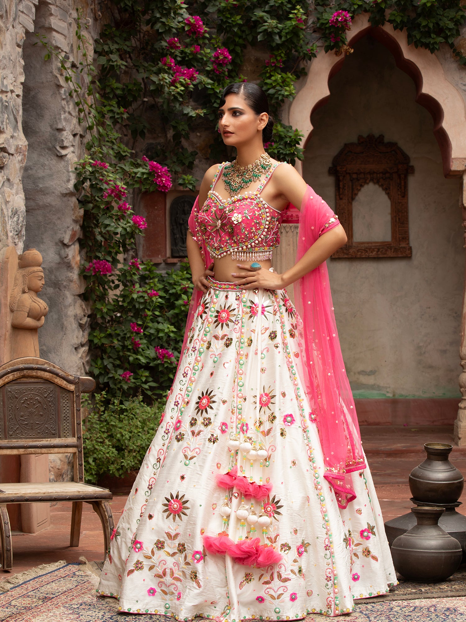 White Silk Lehenga With Handcrafted Detailing