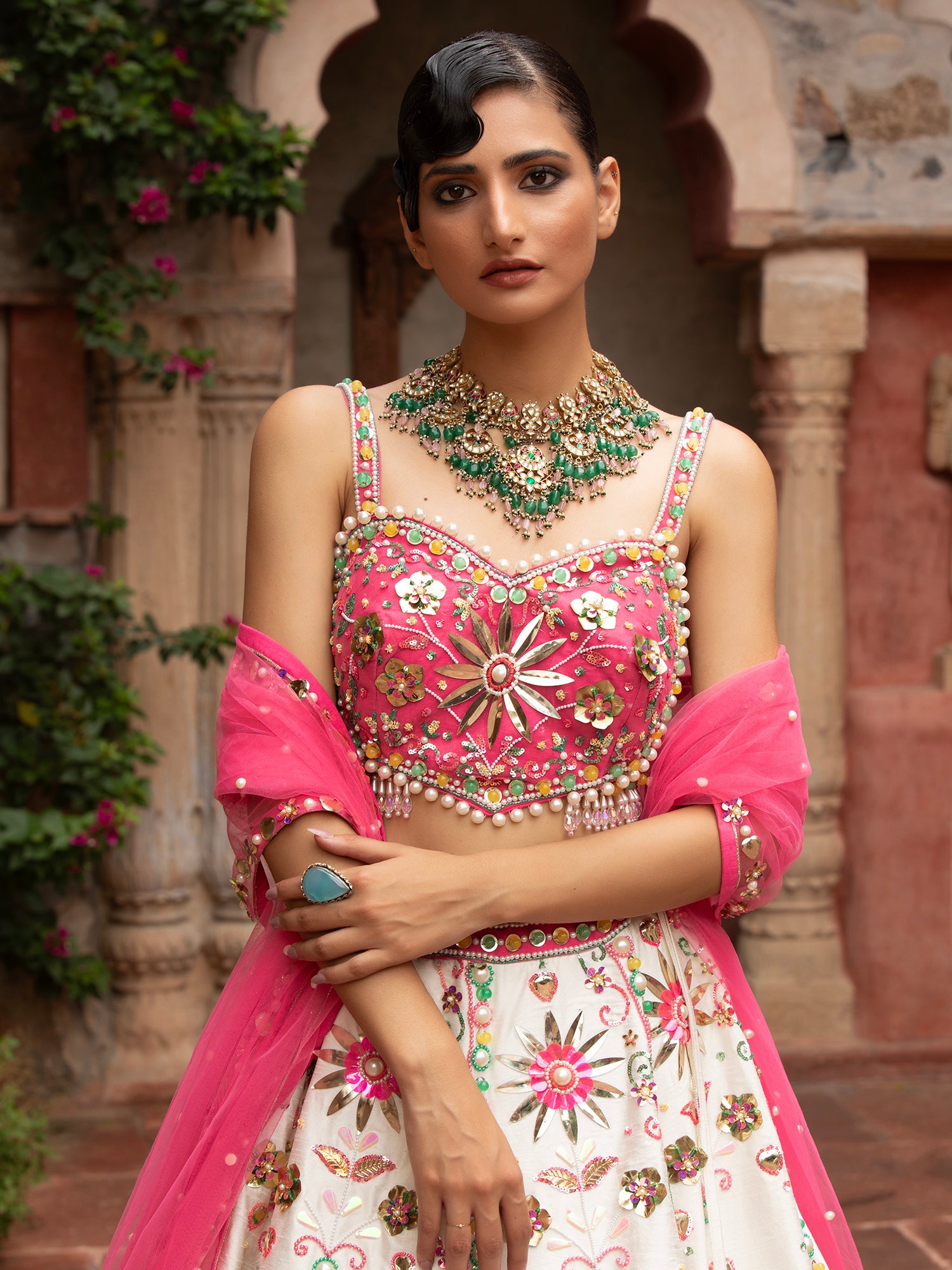 White Silk Lehenga With Handcrafted Detailing